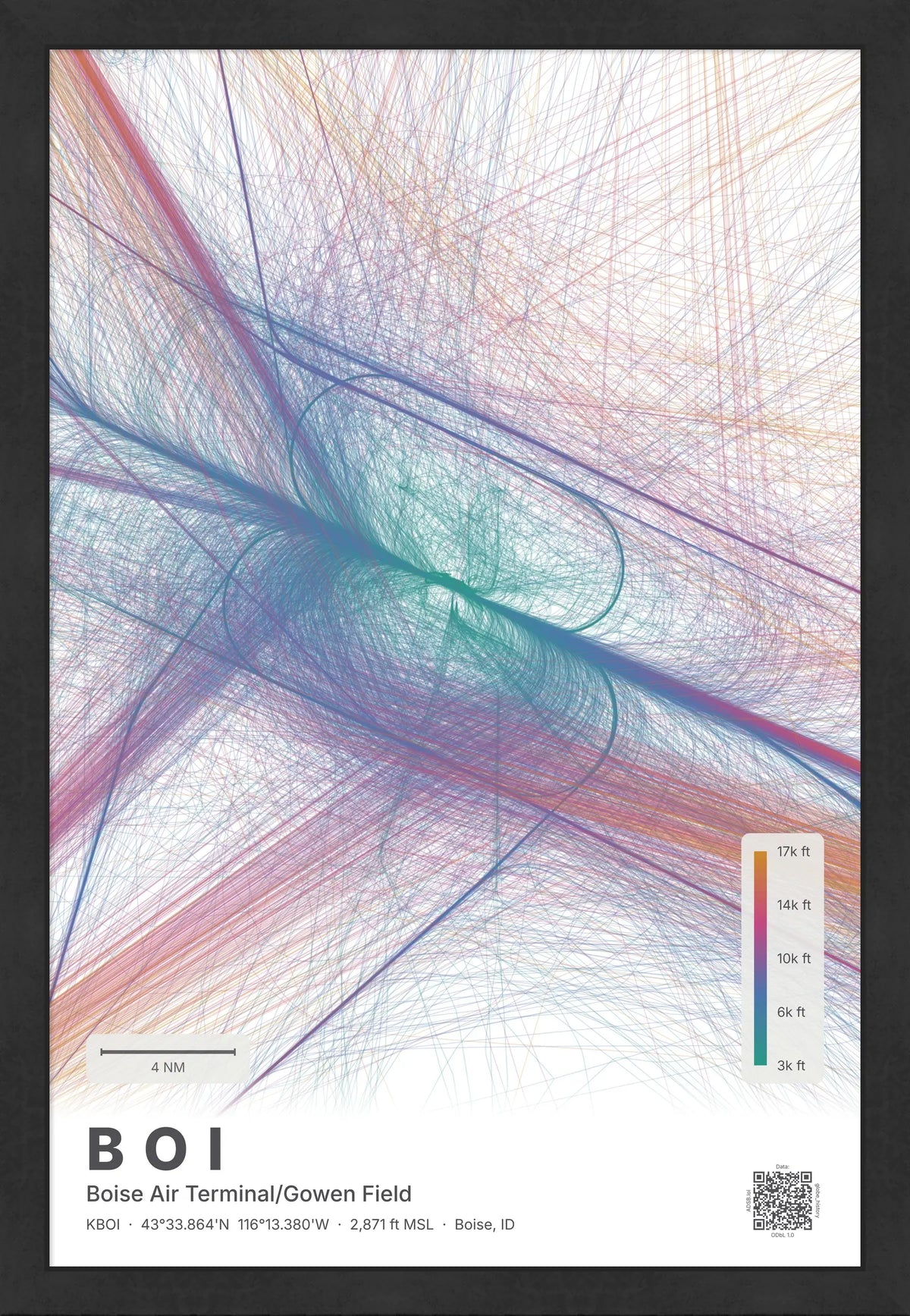 BOI flight path print — Aurora theme · Light [material:framed_black]