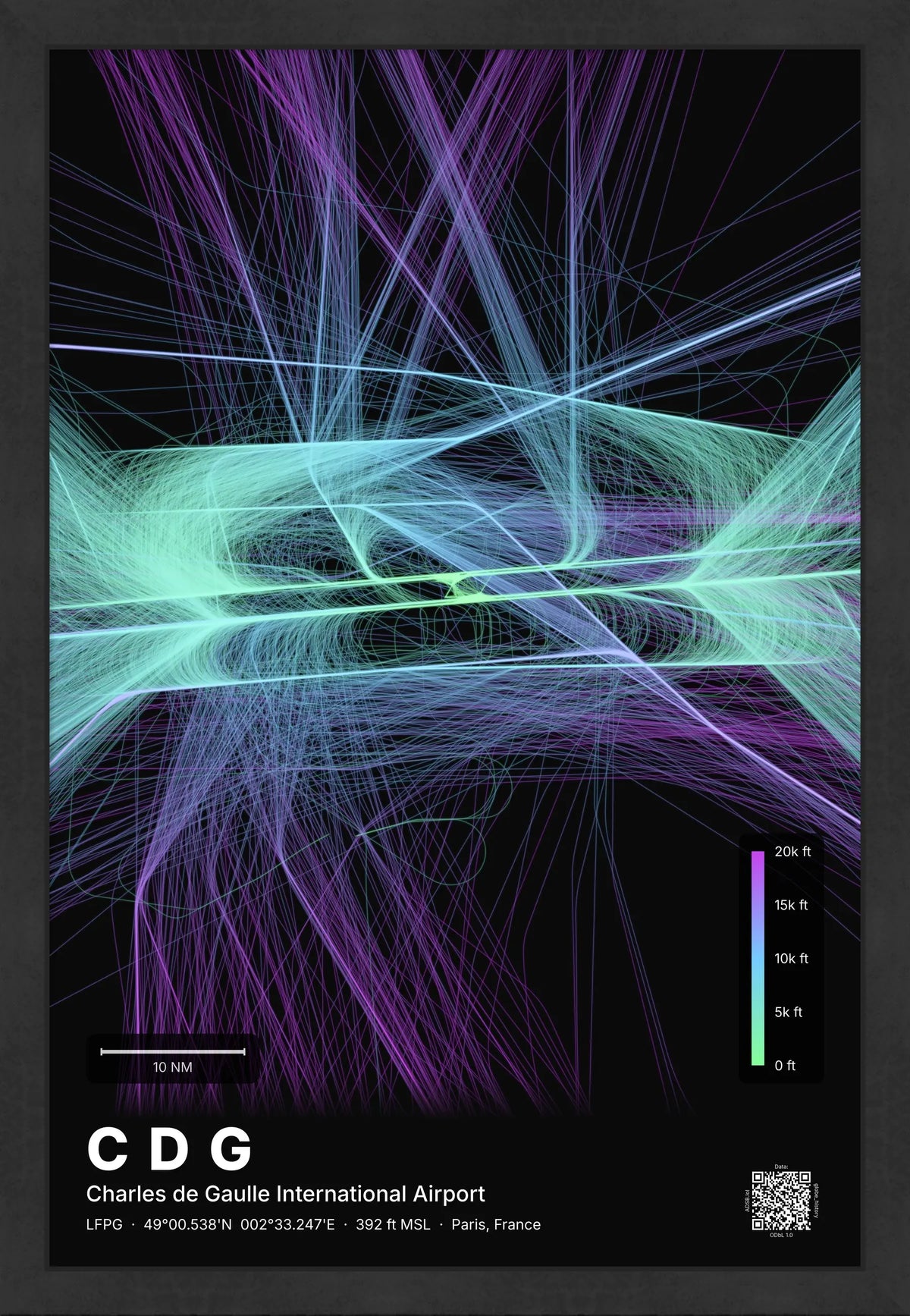 CDG flight path map — Prism theme · Dark [material:framed_black]