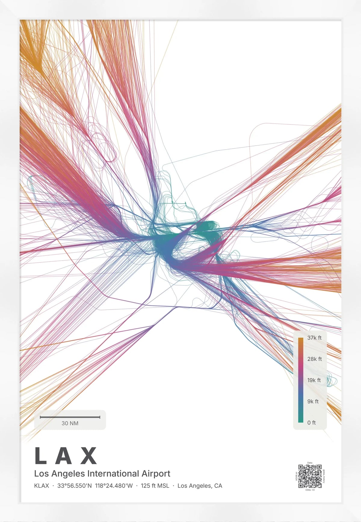 LAX flight path print — Aurora theme · Light [material:framed_white]