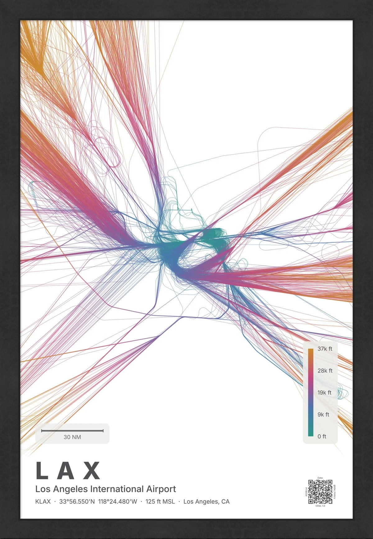 LAX flight path print — Aurora theme · Light [material:framed_black]