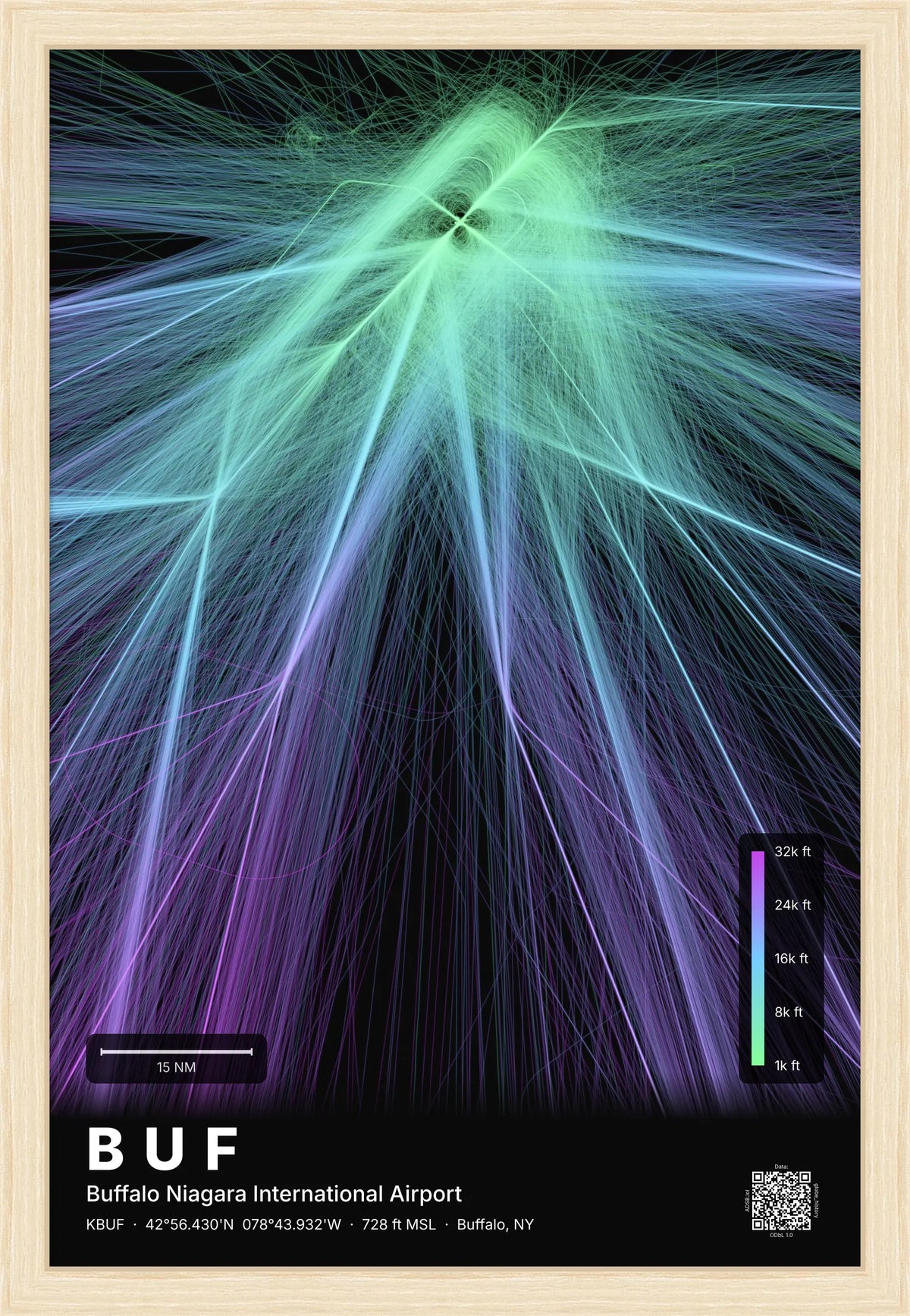 BUF flight path print — Prism theme · Dark [material:framed_natural]