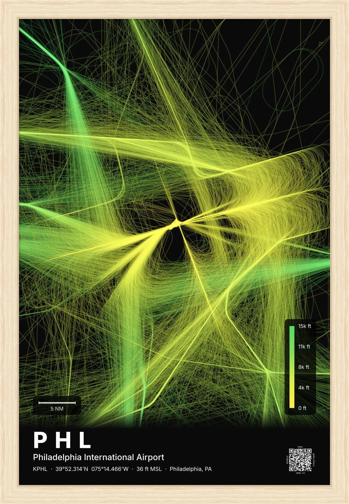 PHL flight path print — Citrus theme · Dark [material:framed_natural]