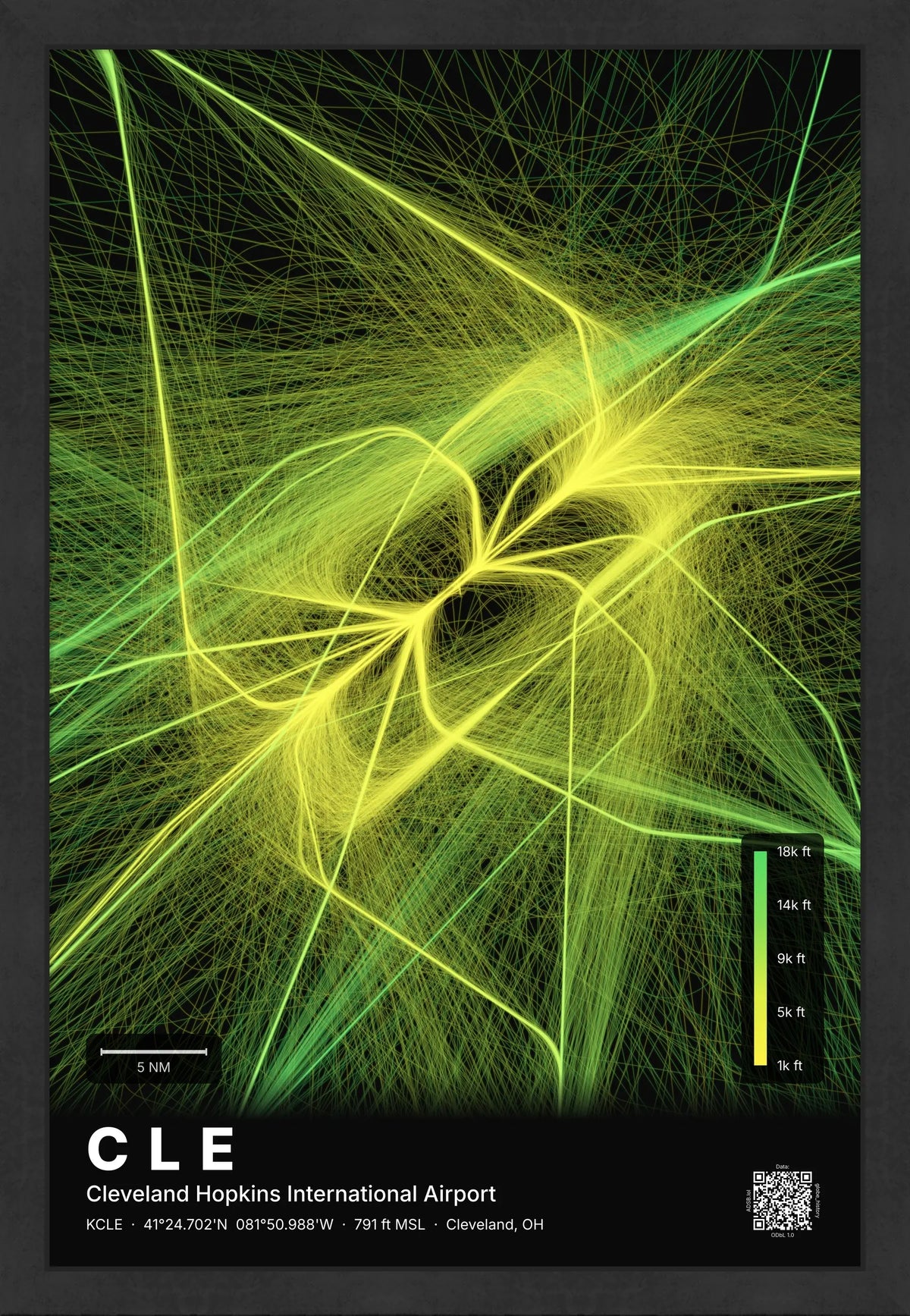 CLE flight path print — Citrus theme · Dark [material:framed_black]