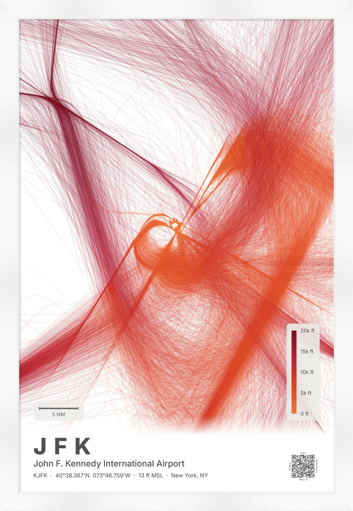 JFK flight path map — Inferno theme · Light [material:framed_white]