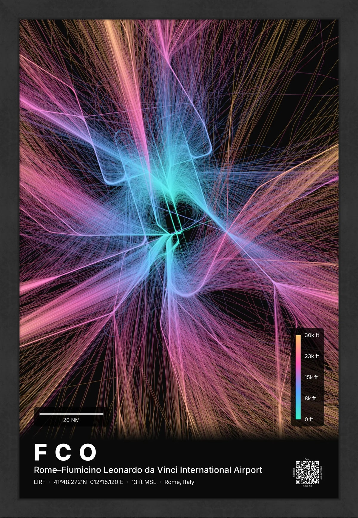 FCO flight path print — Aurora theme · Dark [material:framed_black]