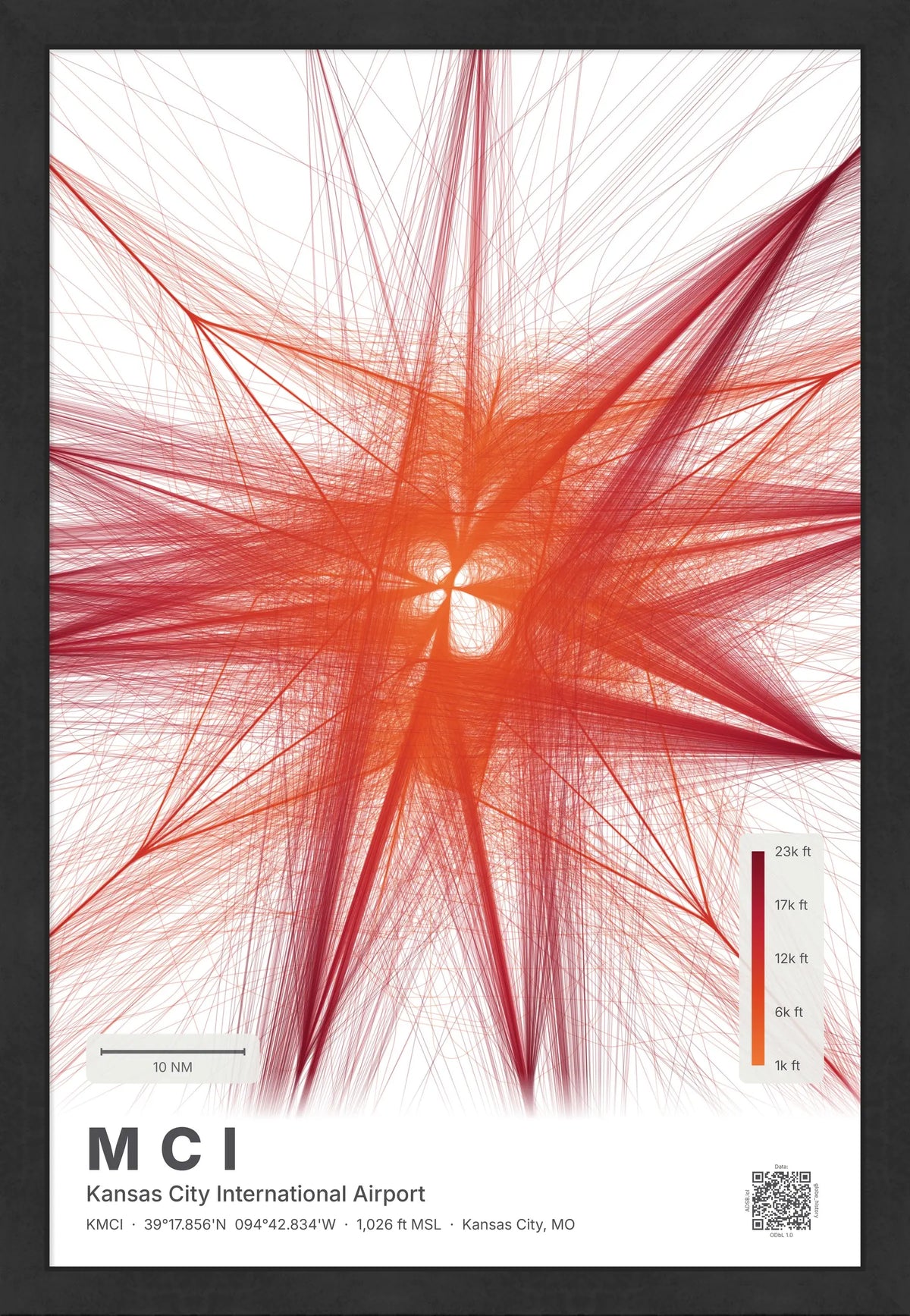 MCI flight path print — Inferno theme · Light [material:framed_black]