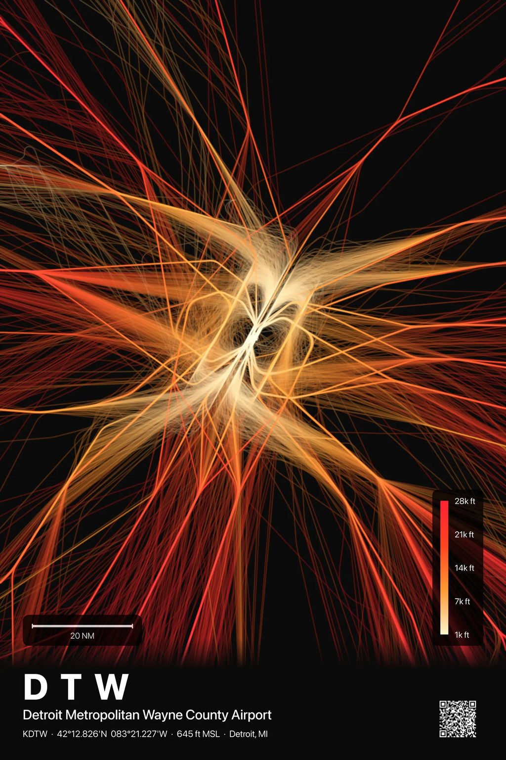 DTW flight path print — Inferno theme · Dark