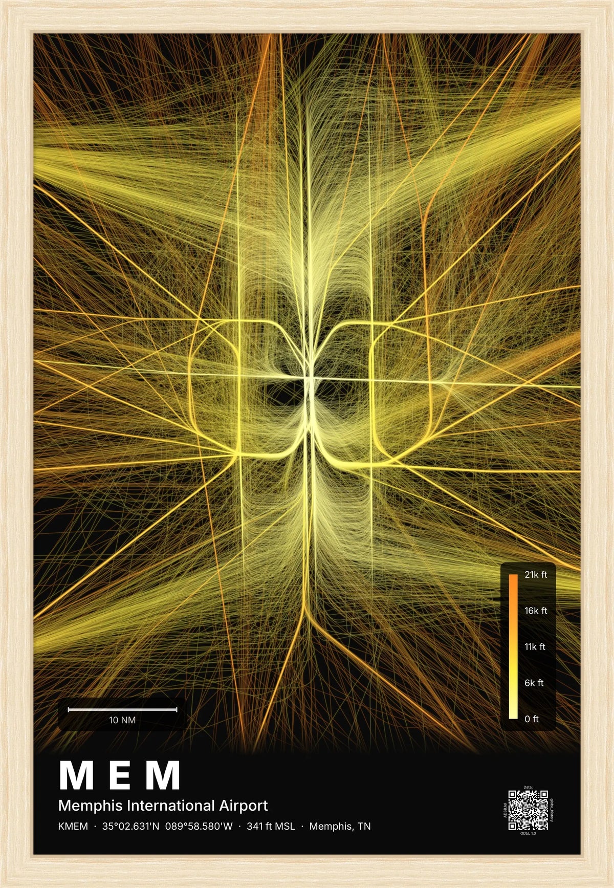 MEM flight path print — Solana theme · Dark [material:framed_natural]