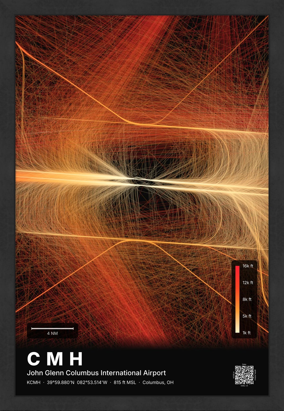 CMH flight path print — Inferno theme · Dark [material:framed_black]