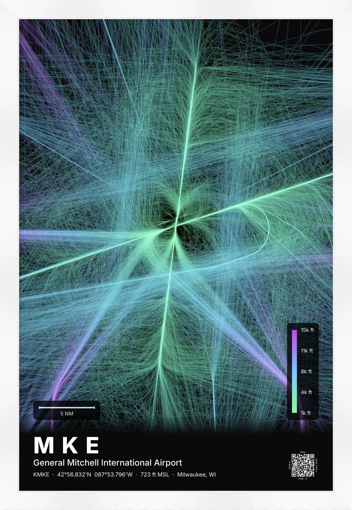 MKE flight path print — Prism theme · Dark [material:framed_white]