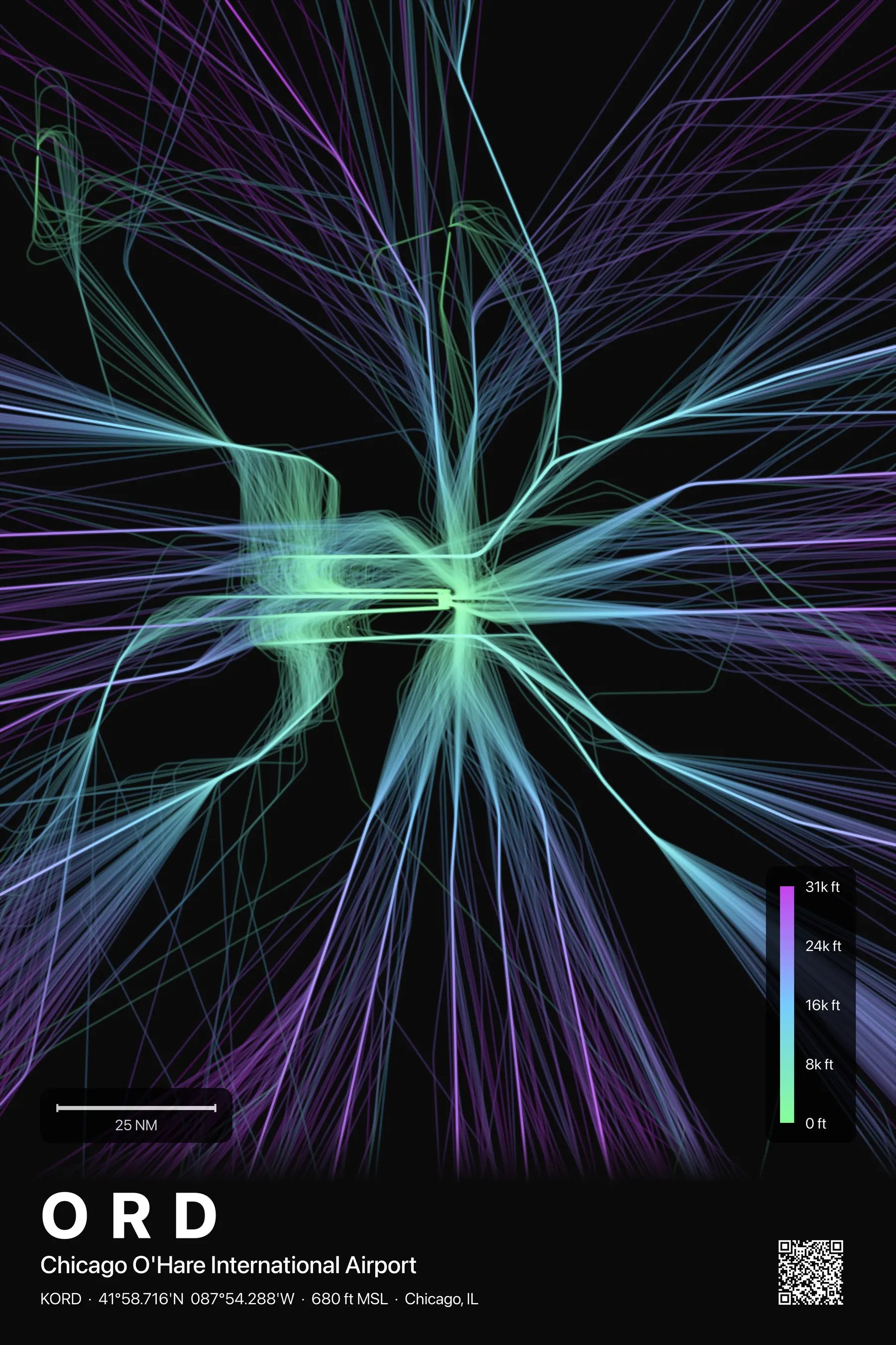 ORD flight path print — Prism theme · Dark