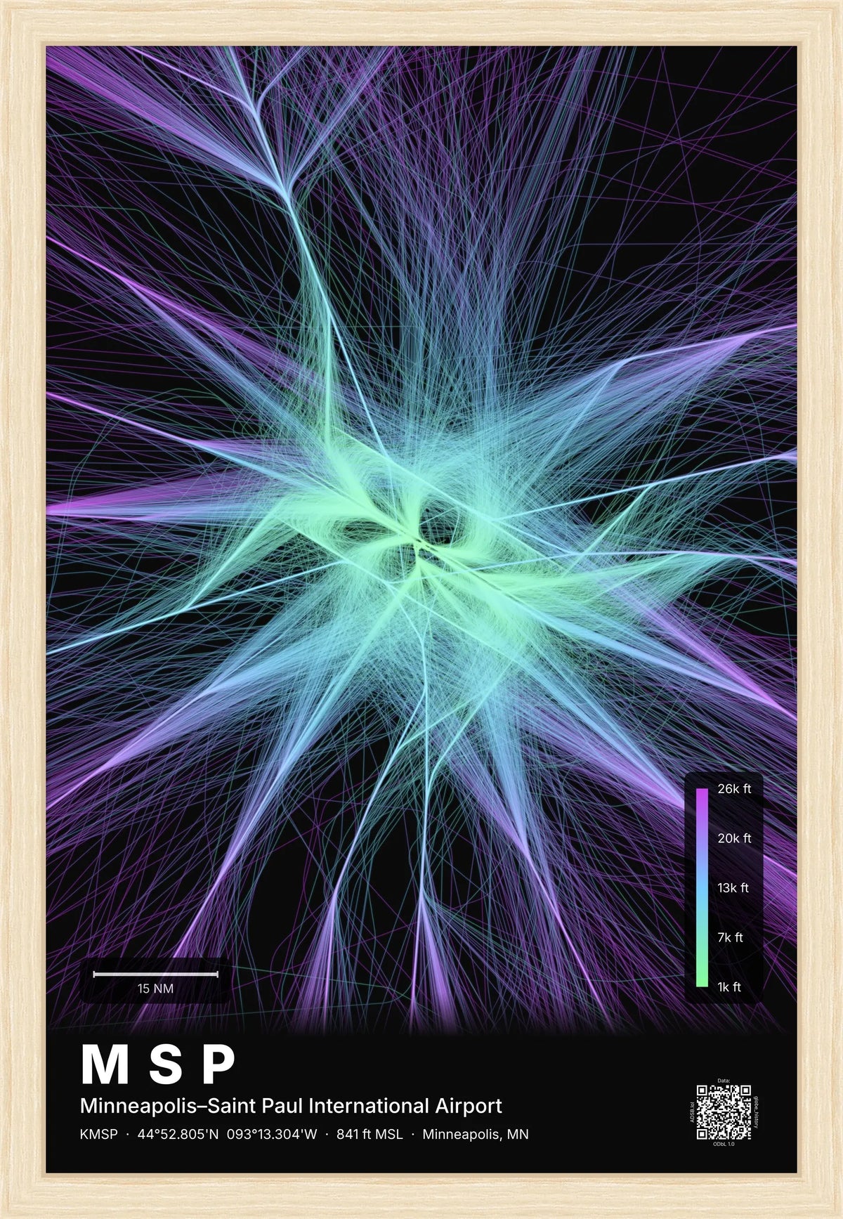 MSP flight path print — Prism theme · Dark [material:framed_natural]