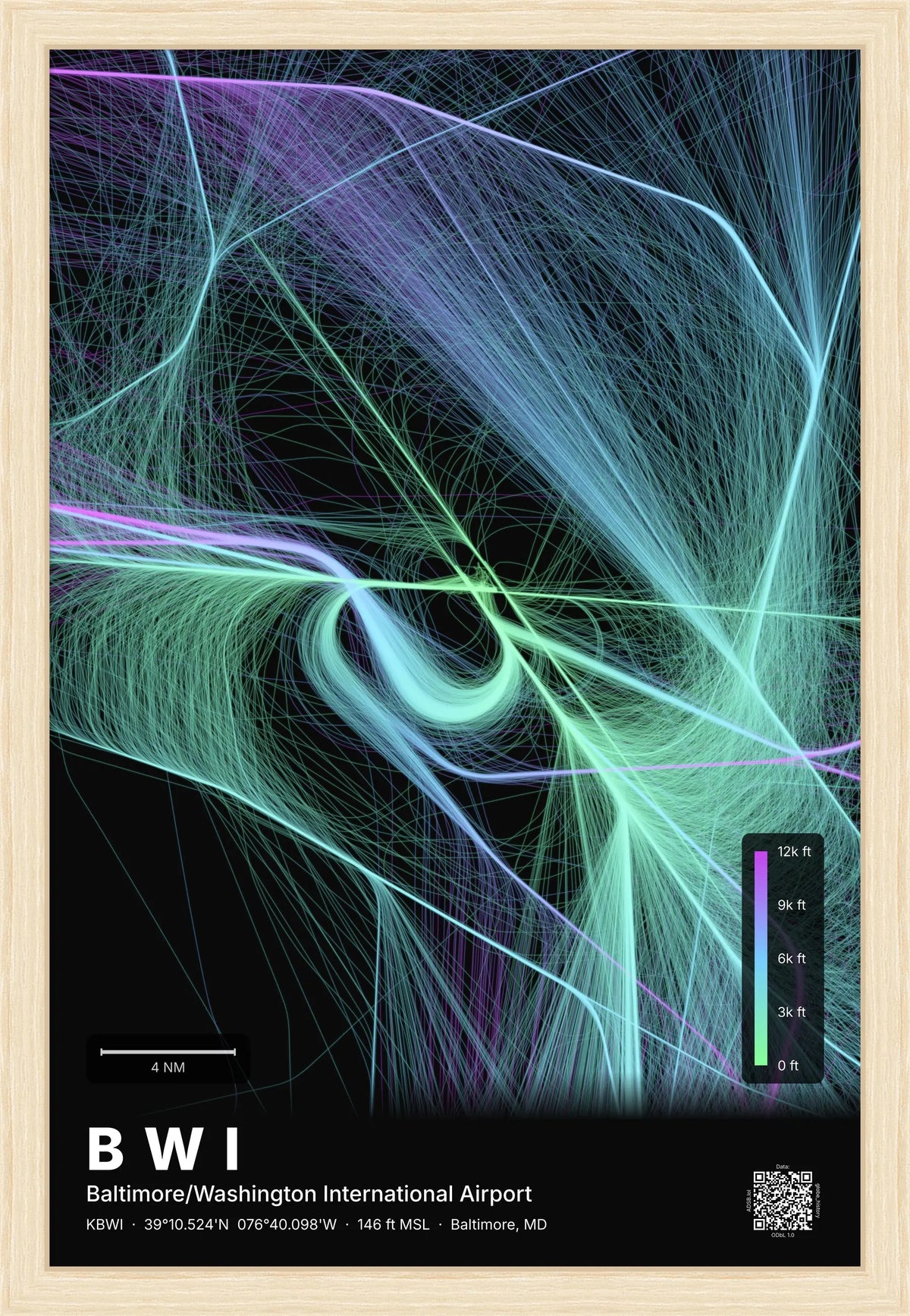 BWI flight path print — Prism theme · Dark [material:framed_natural]
