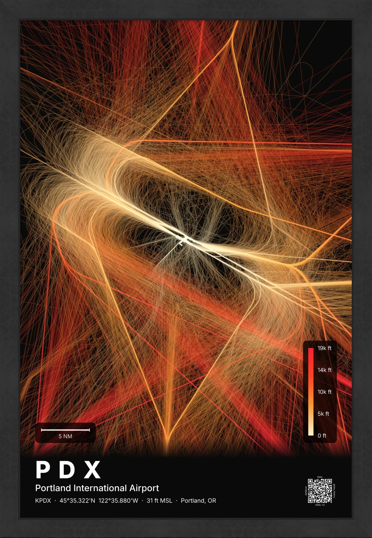 PDX flight path print — Inferno theme · Dark [material:framed_black]
