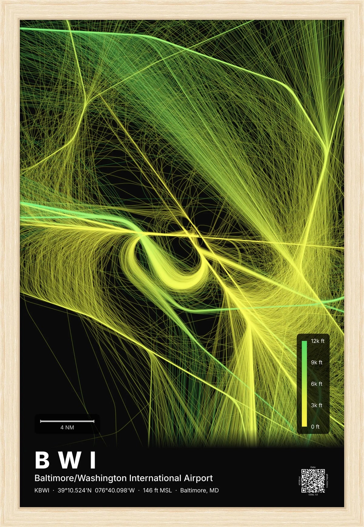 BWI flight path print — Citrus theme · Dark [material:framed_natural]