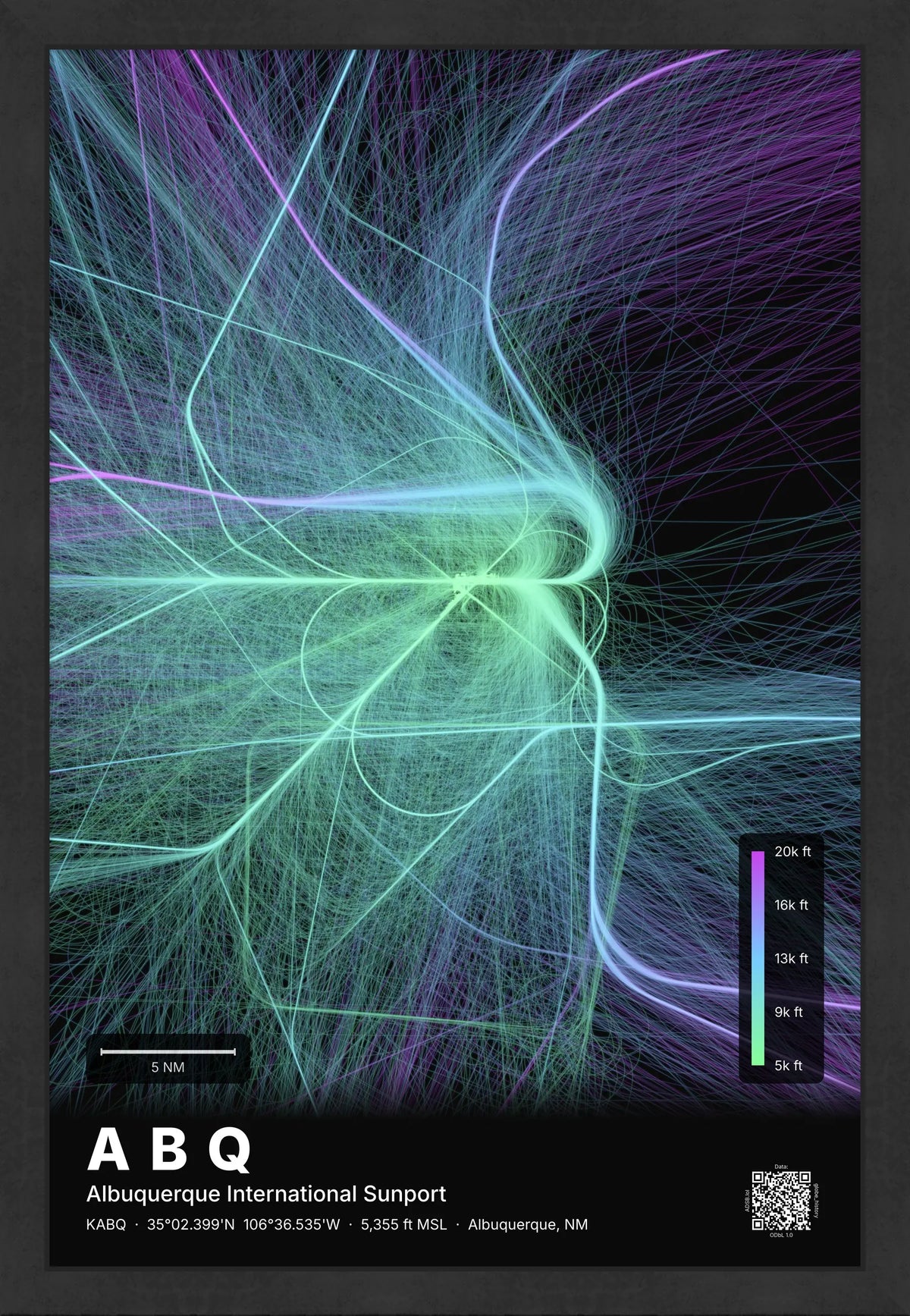 ABQ flight path map — Prism theme · Dark [material:framed_black]