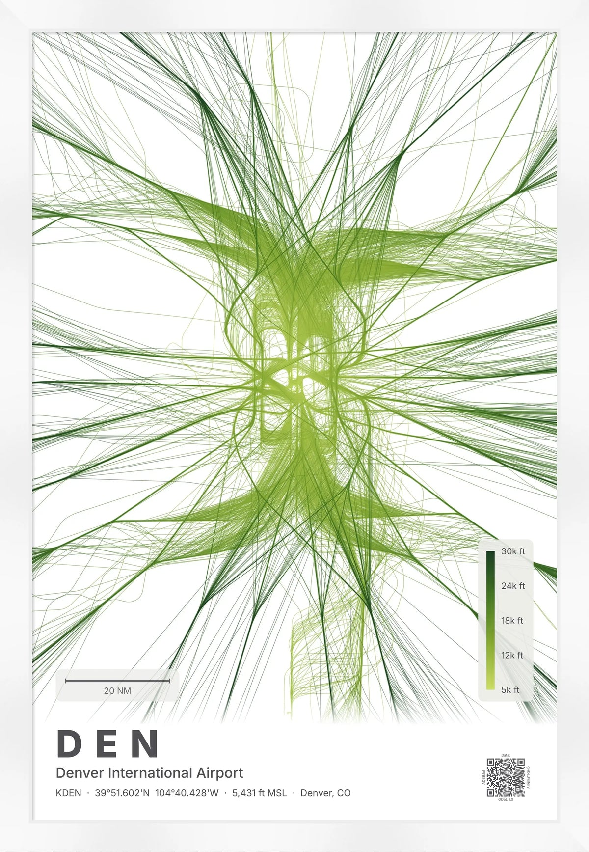 DEN flight path print — Citrus theme · Light [material:framed_white]