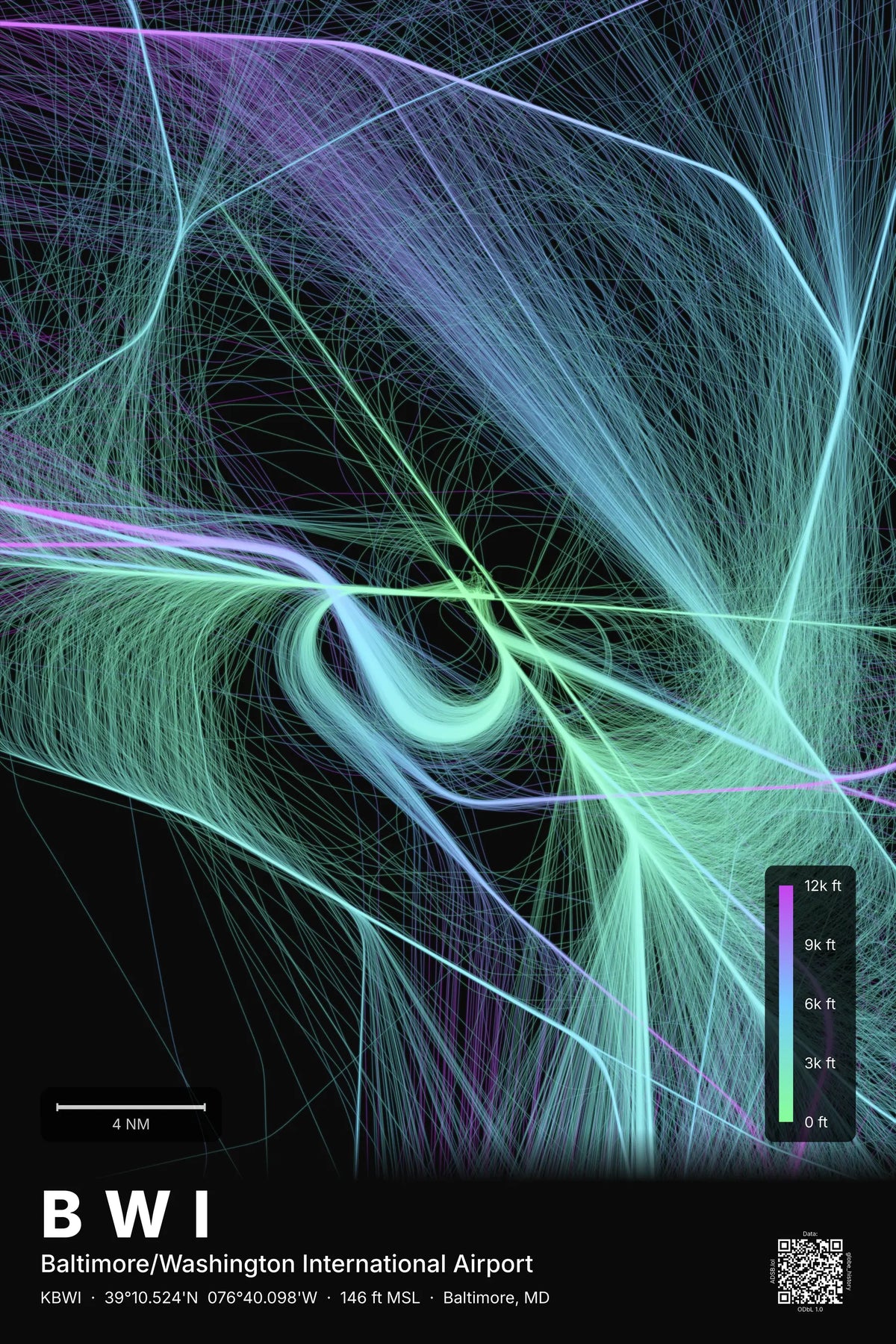 BWI flight path print — Prism theme · Dark