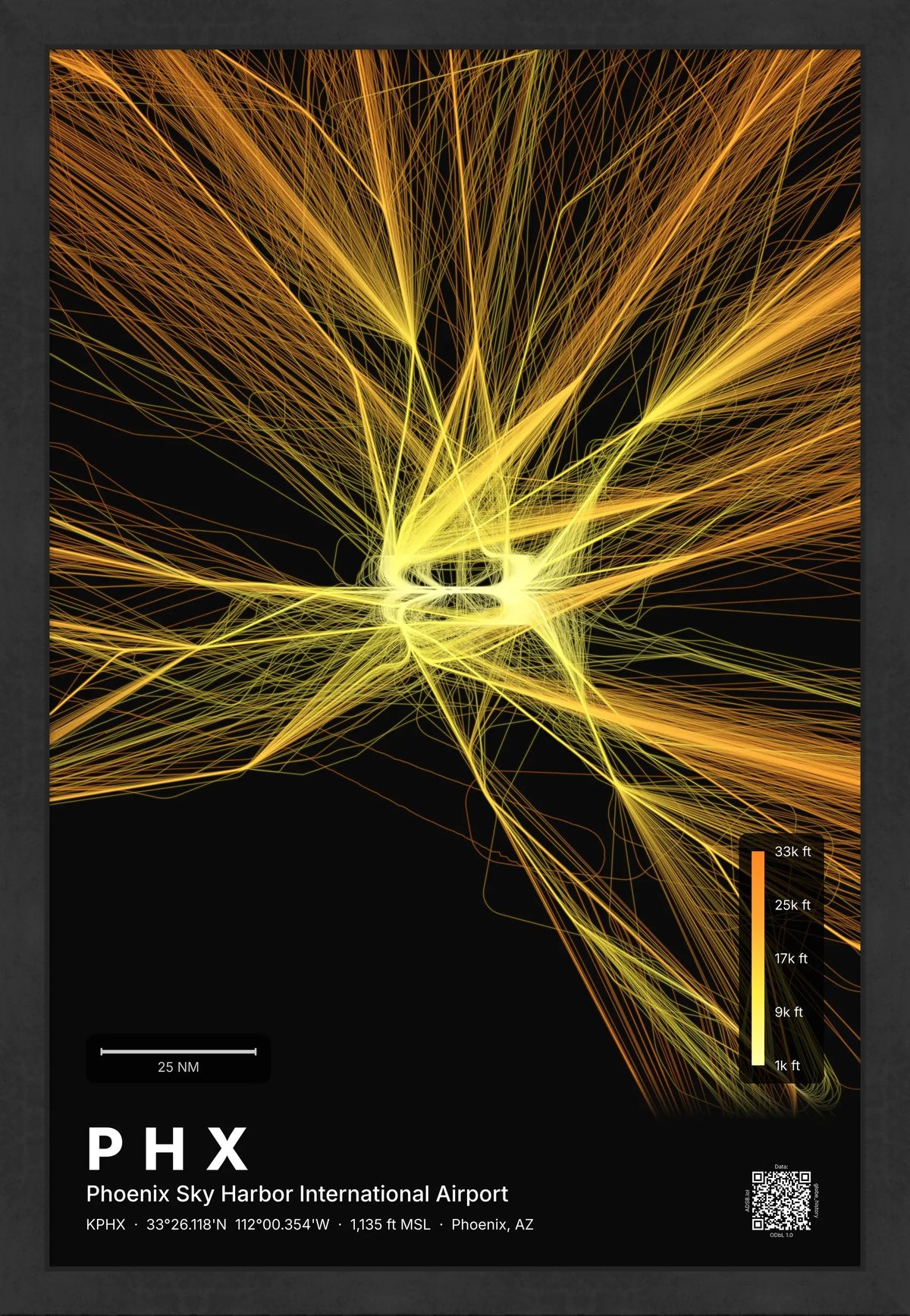 PHX flight path print — Solana theme · Dark [material:framed_black]