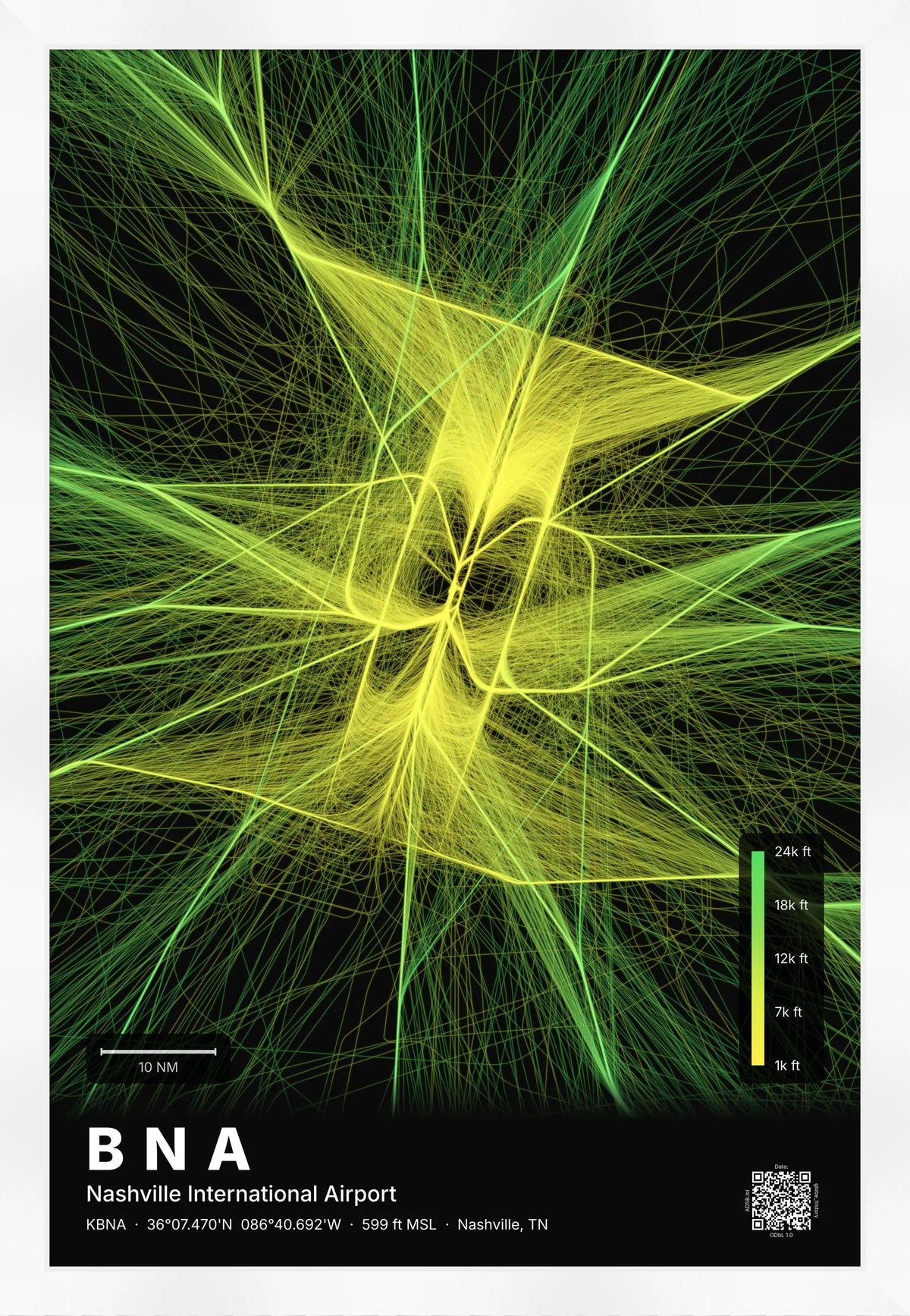 BNA flight path print — Citrus theme · Dark [material:framed_white]