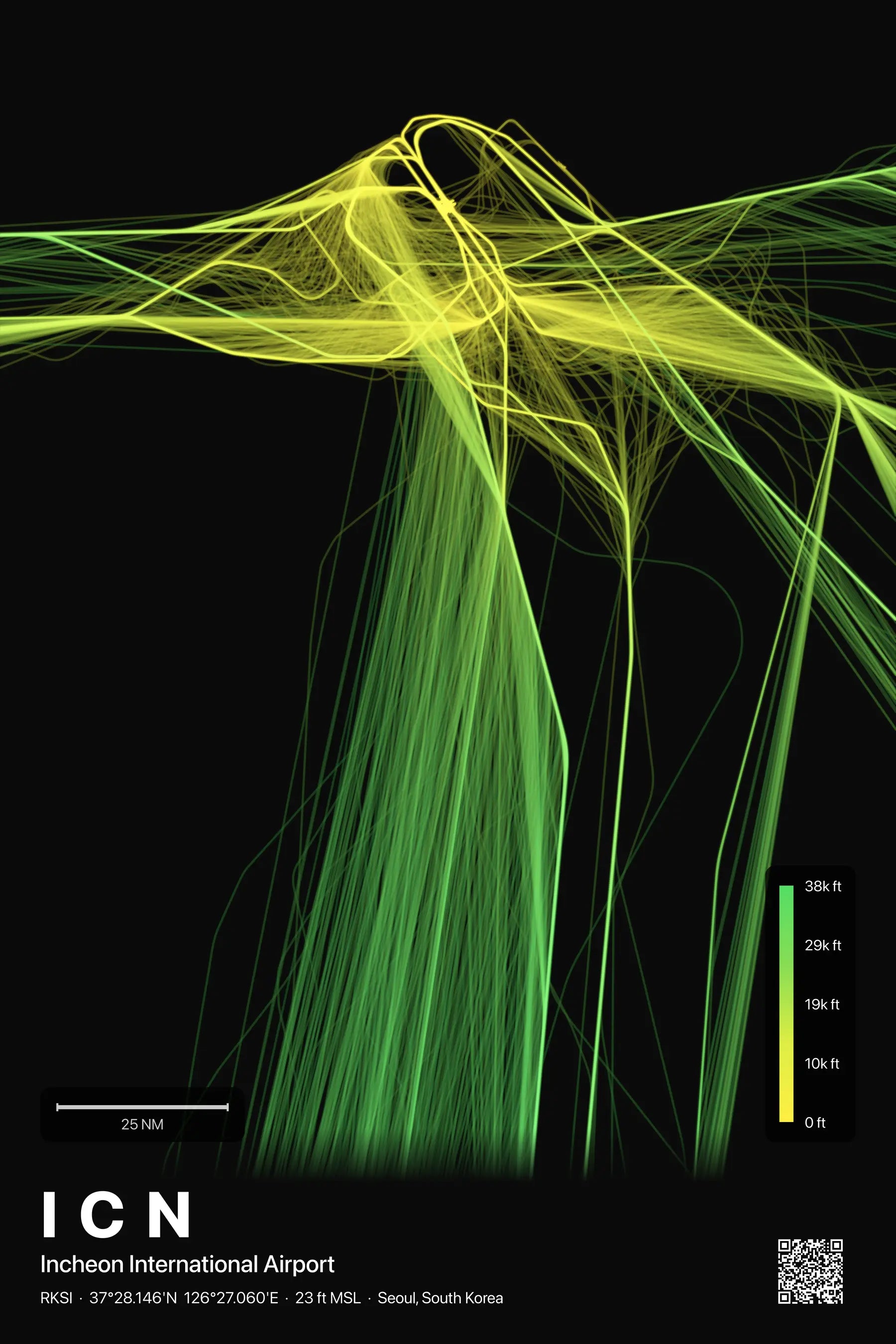 ICN flight path print — Citrus theme · Dark
