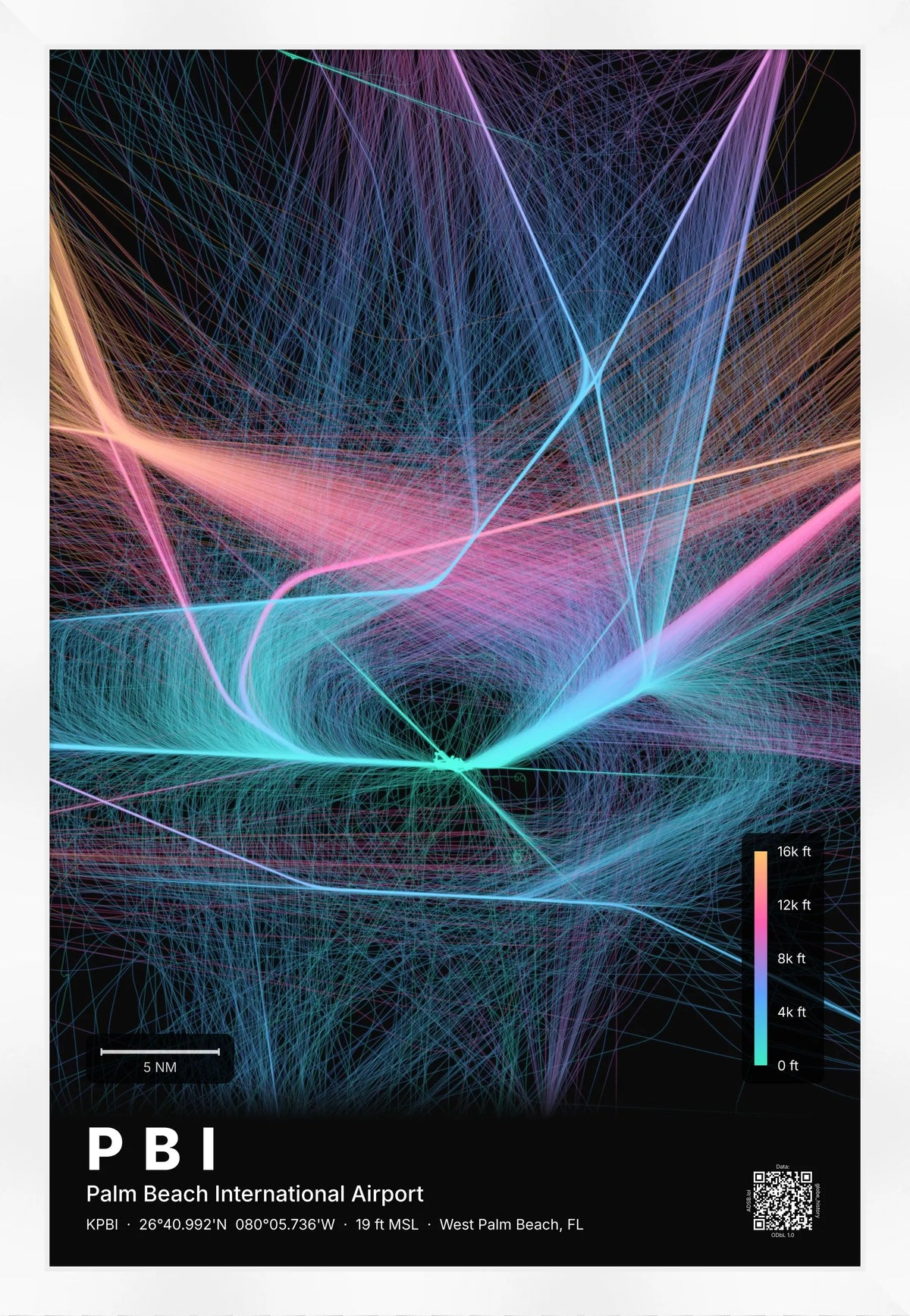 PBI flight path print — Aurora theme · Dark [material:framed_white]
