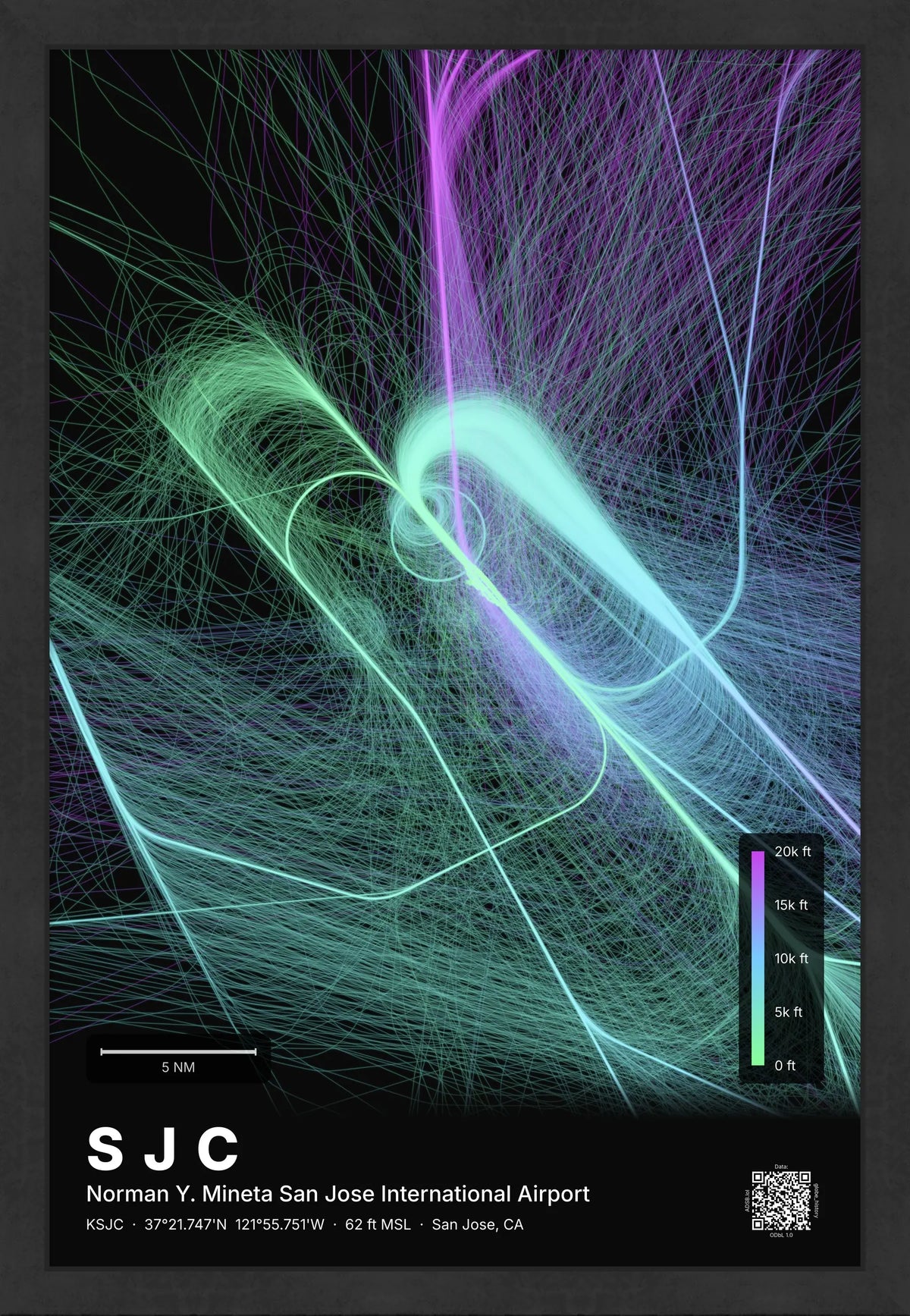 SJC flight path map — Prism theme · Dark [material:framed_black]