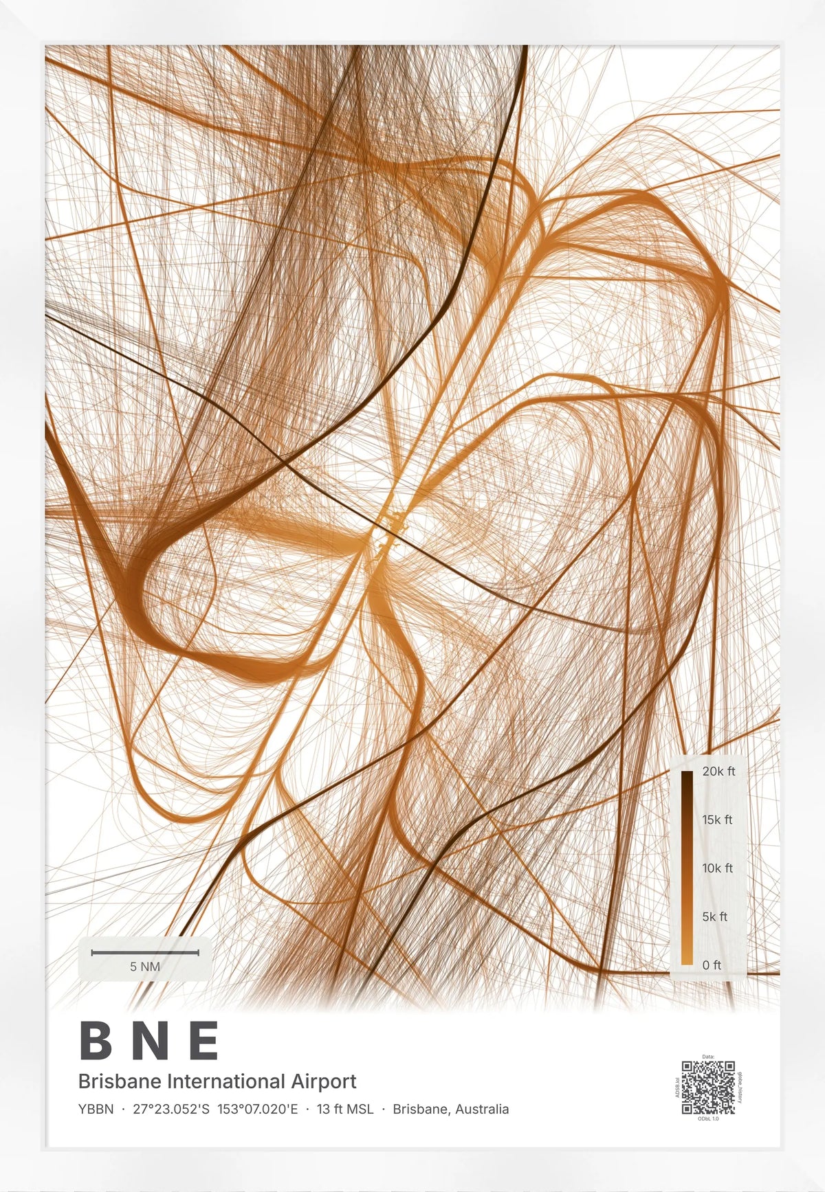 BNE flight path map — Solana theme · Light [material:framed_white]