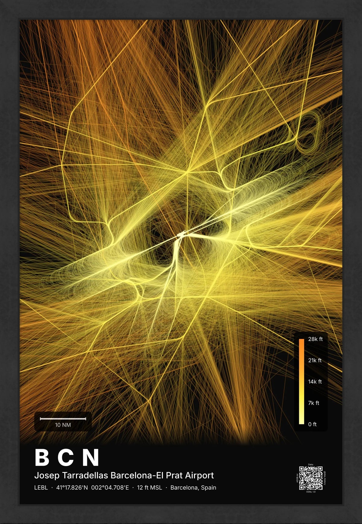 BCN flight path map — Solana theme · Dark [material:framed_black]