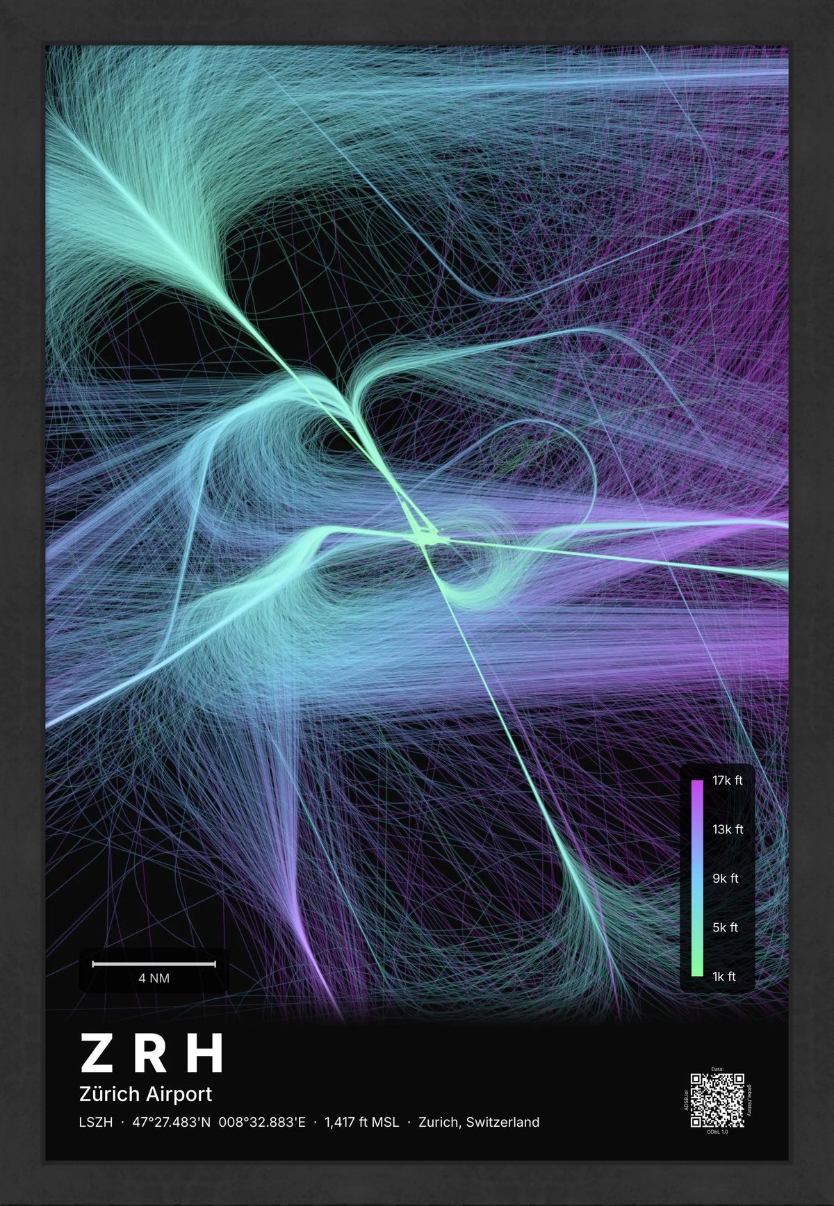 ZRH flight path map — Prism theme · Dark [material:framed_black]