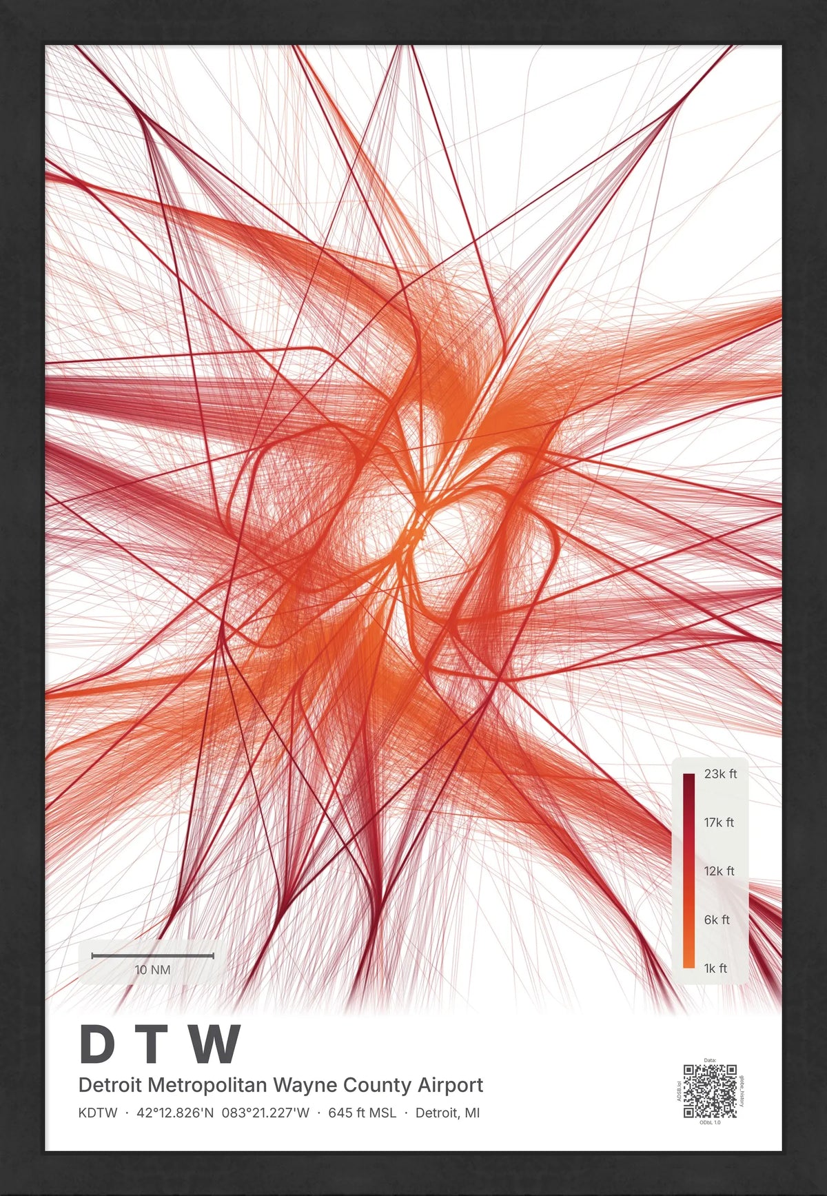 DTW flight path map — Inferno theme · Light [material:framed_black]