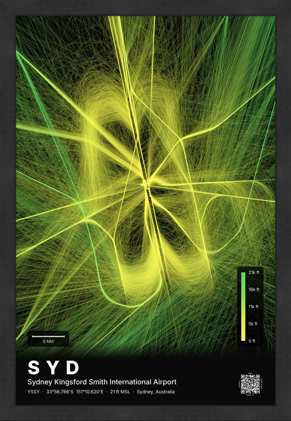 SYD flight path map — Citrus theme · Dark [material:framed_black]