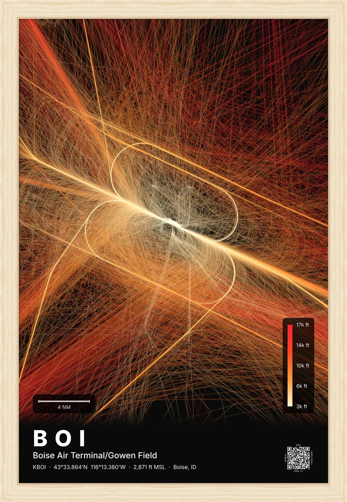 BOI flight path print — Inferno theme · Dark [material:framed_natural]