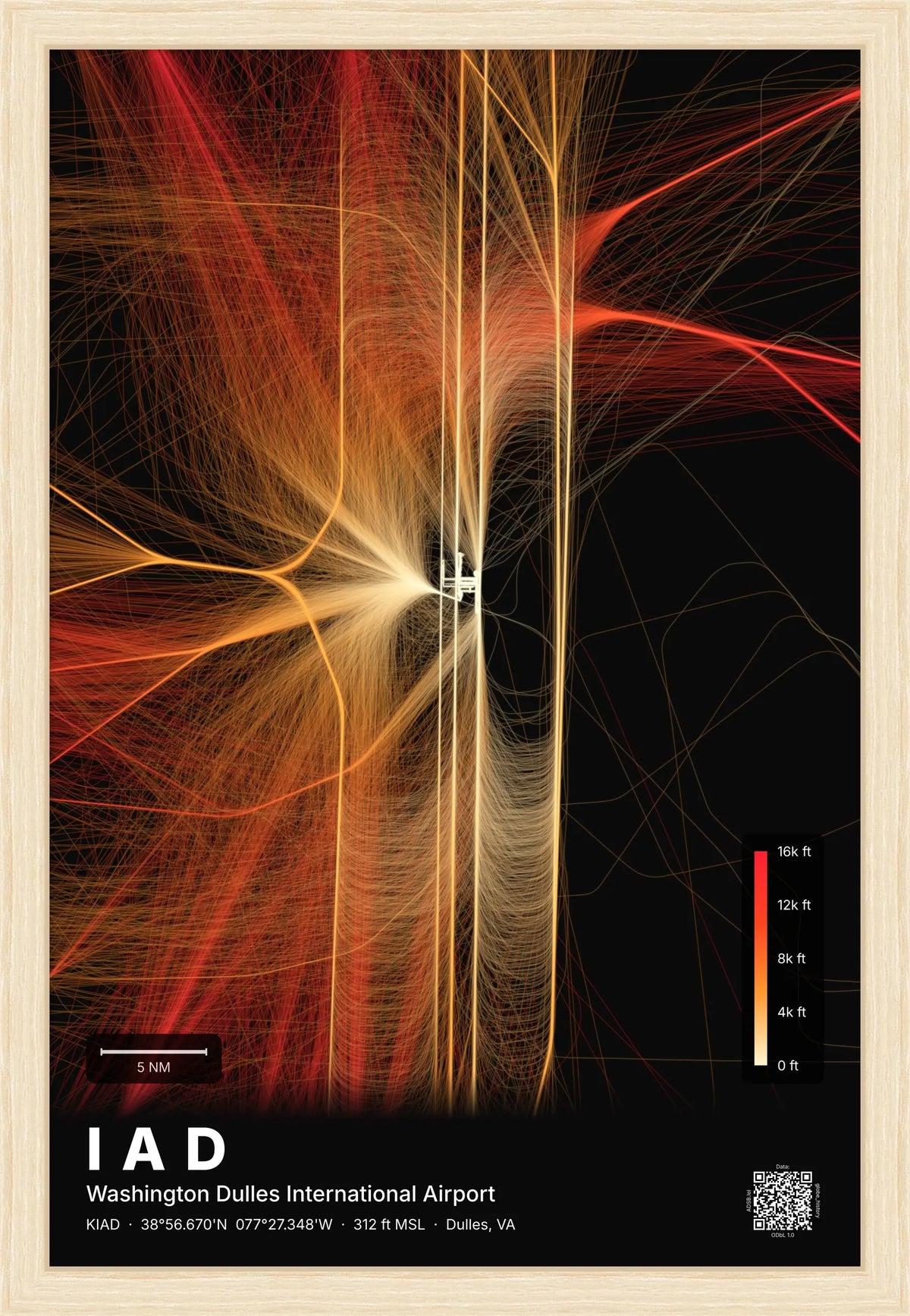 IAD flight path print — Inferno theme · Dark [material:framed_natural]