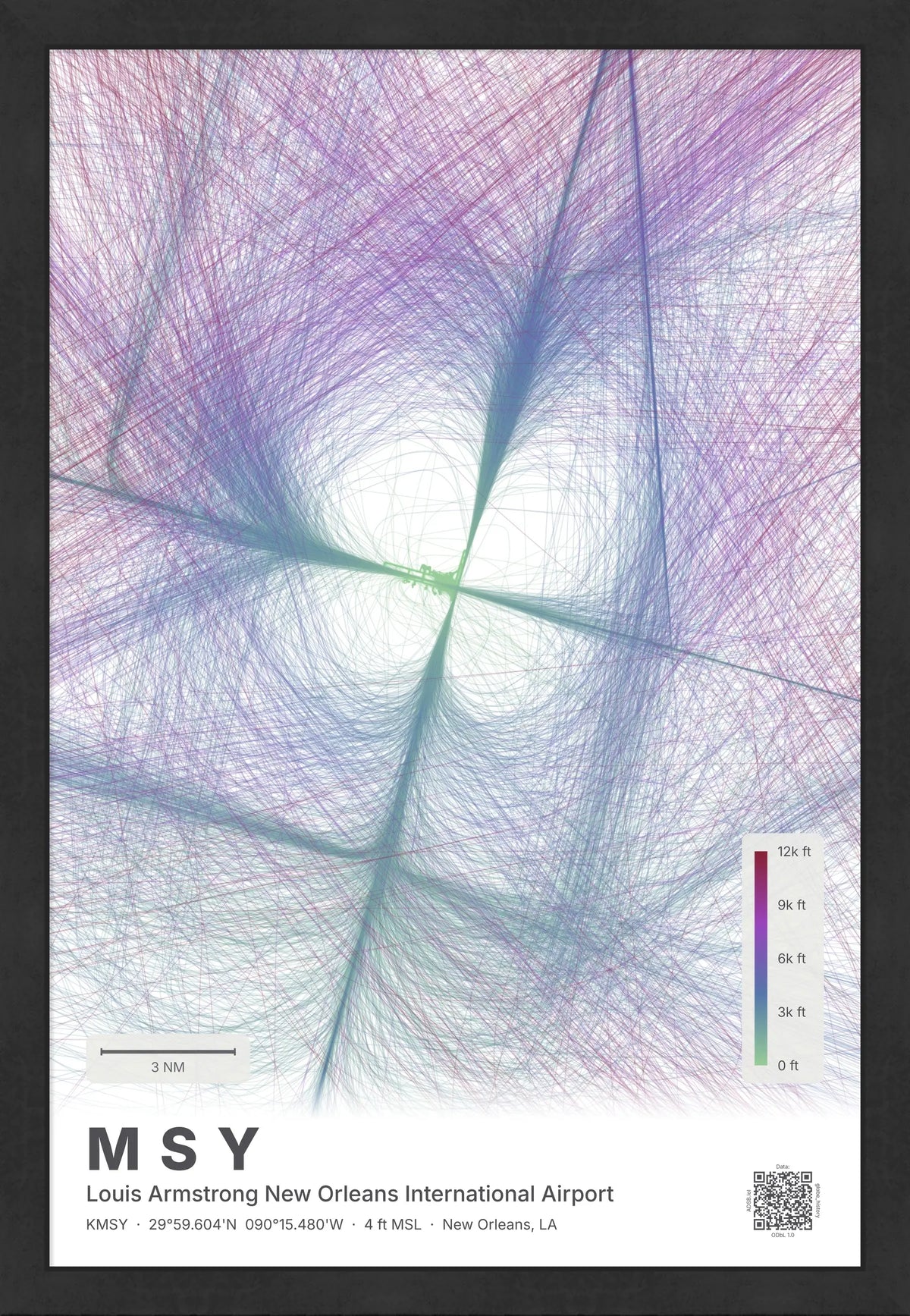 MSY flight path print — Prism theme · Light [material:framed_black]