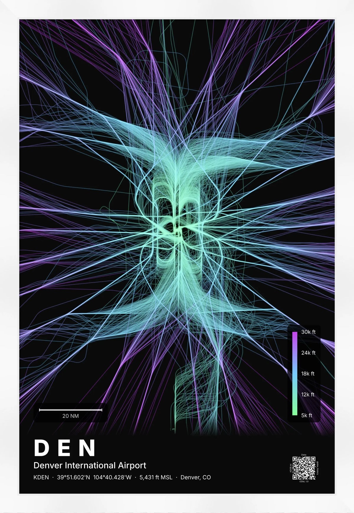 DEN flight path print — Prism theme · Dark [material:framed_white]