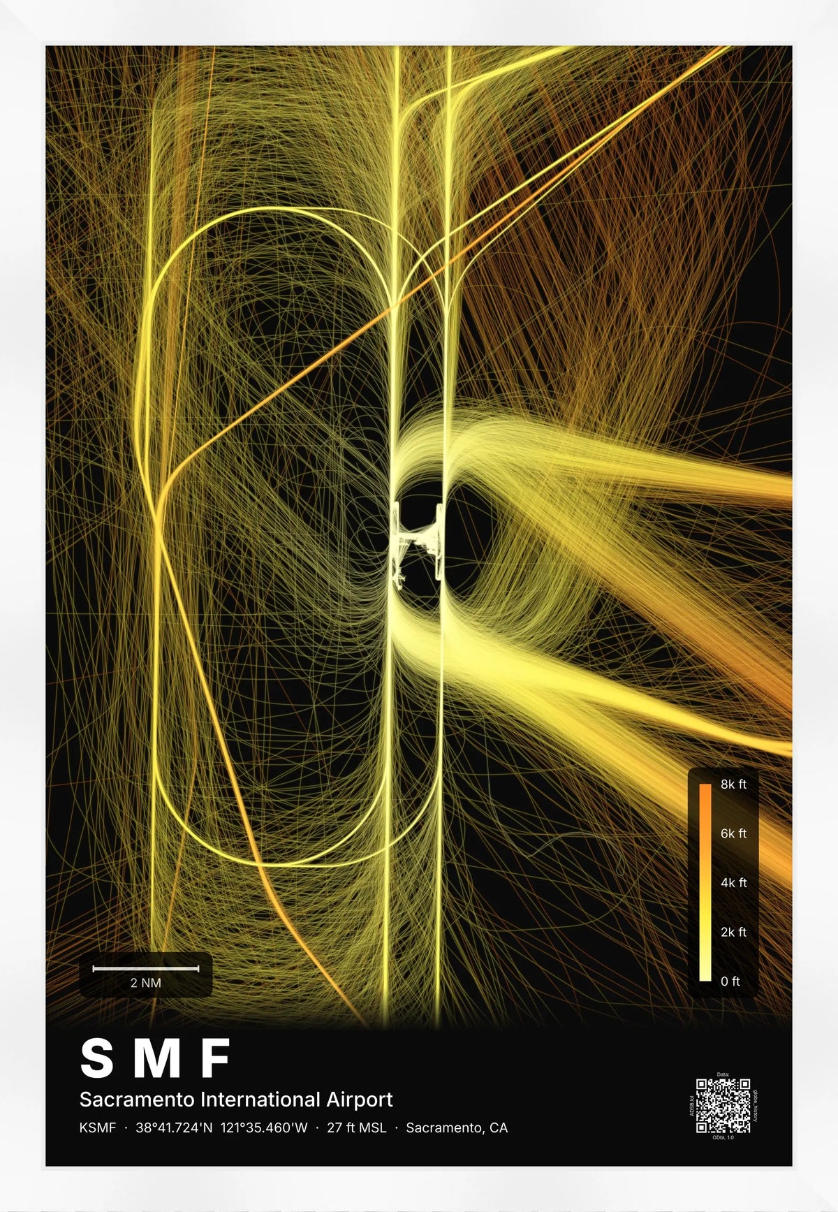 SMF flight path print — Solana theme · Dark [material:framed_white]