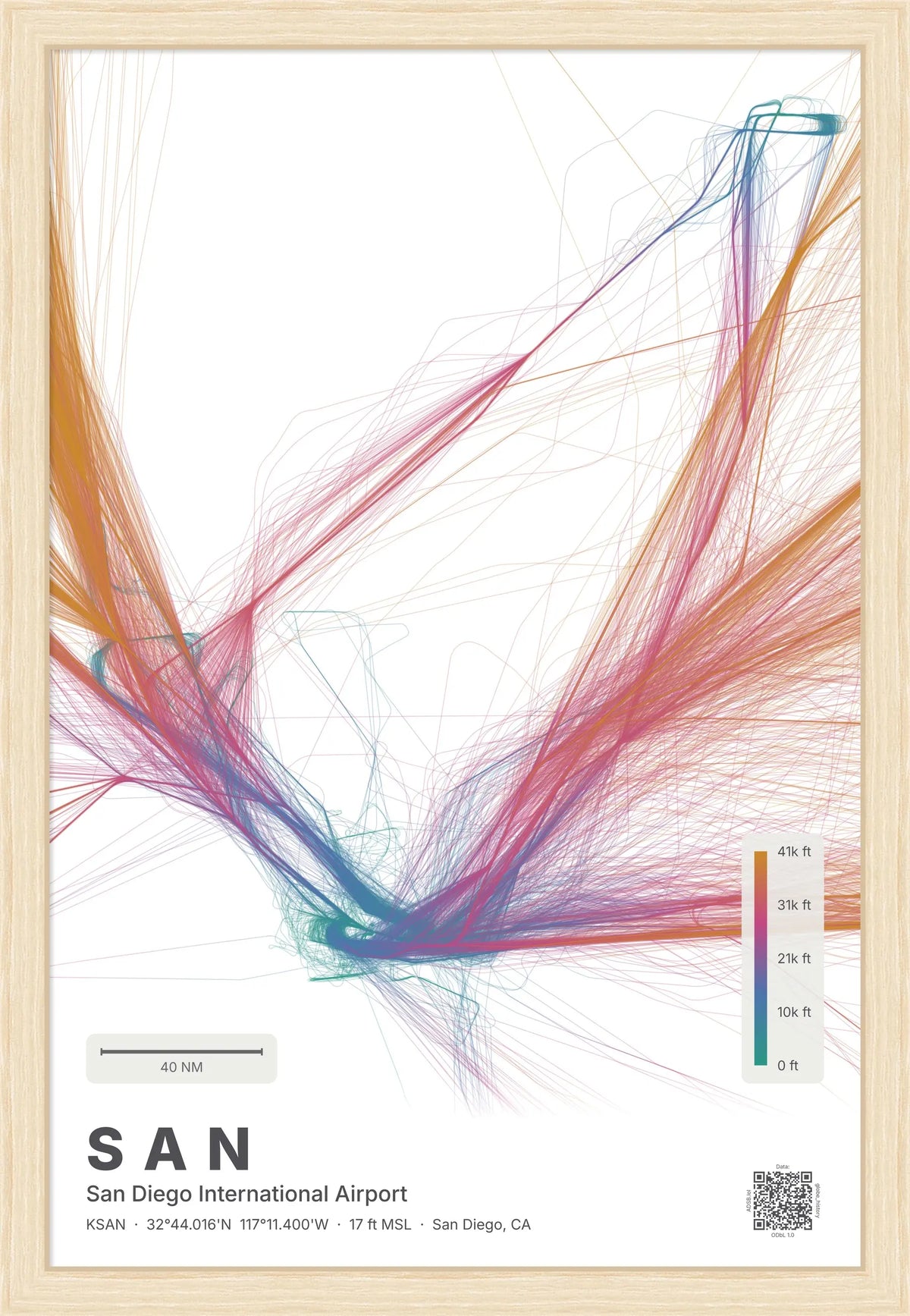 SAN flight path print — Aurora theme · Light [material:framed_natural]
