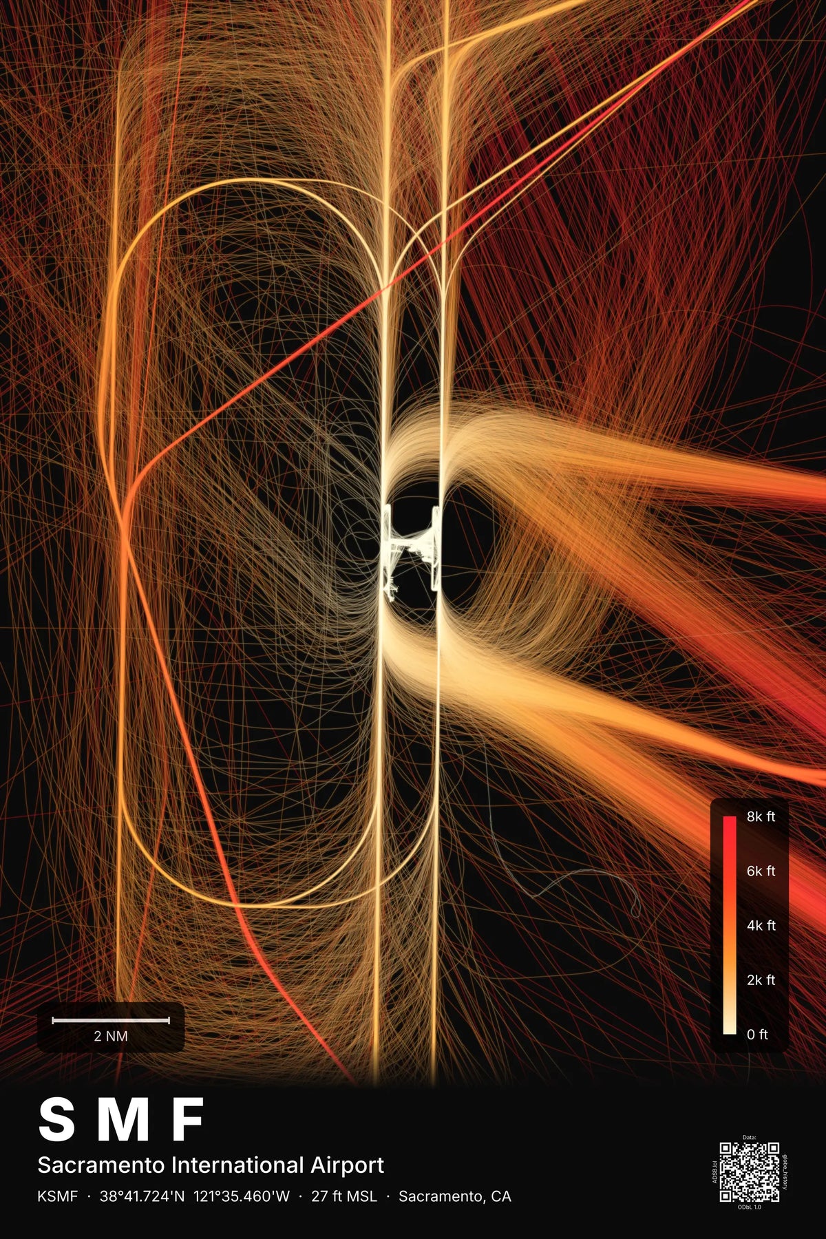 SMF flight path print — Inferno theme · Dark