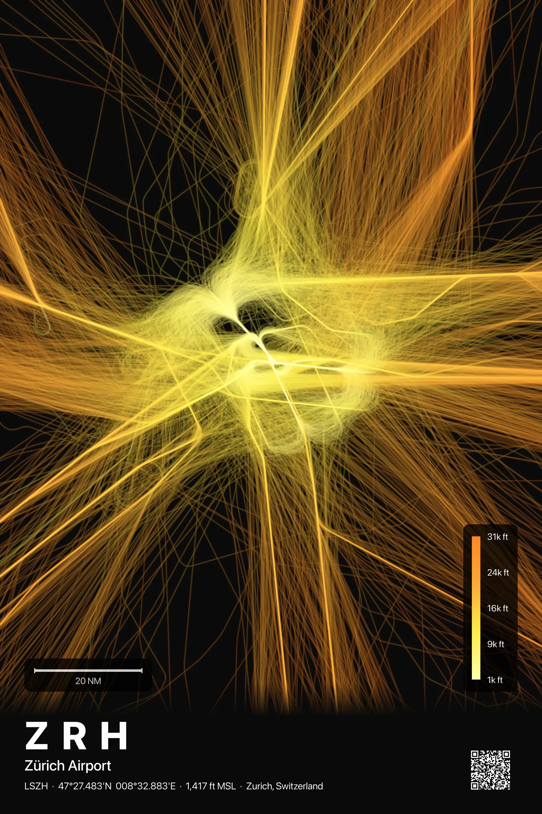 ZRH flight path print — Solana theme · Dark