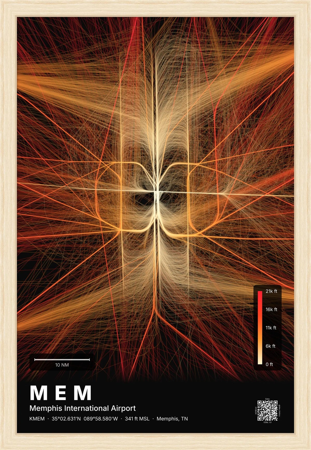 MEM flight path print — Inferno theme · Dark [material:framed_natural]