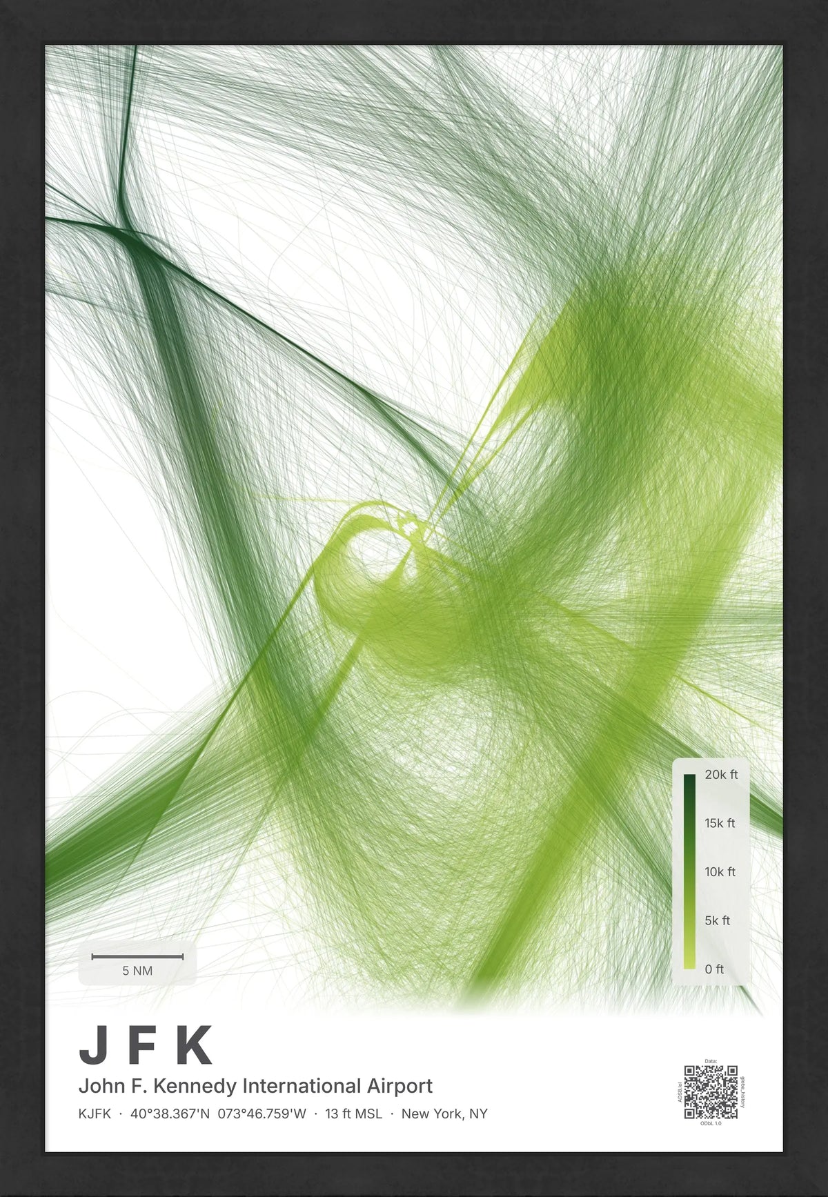 JFK flight path map — Citrus theme · Light [material:framed_black]