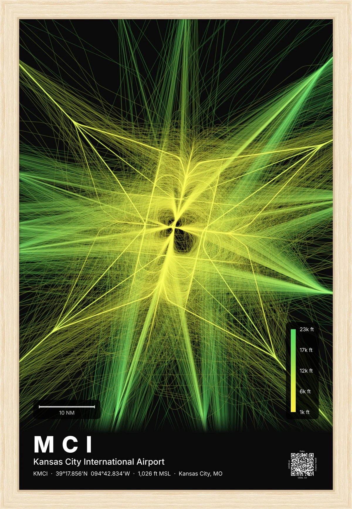MCI flight path print — Citrus theme · Dark [material:framed_natural]