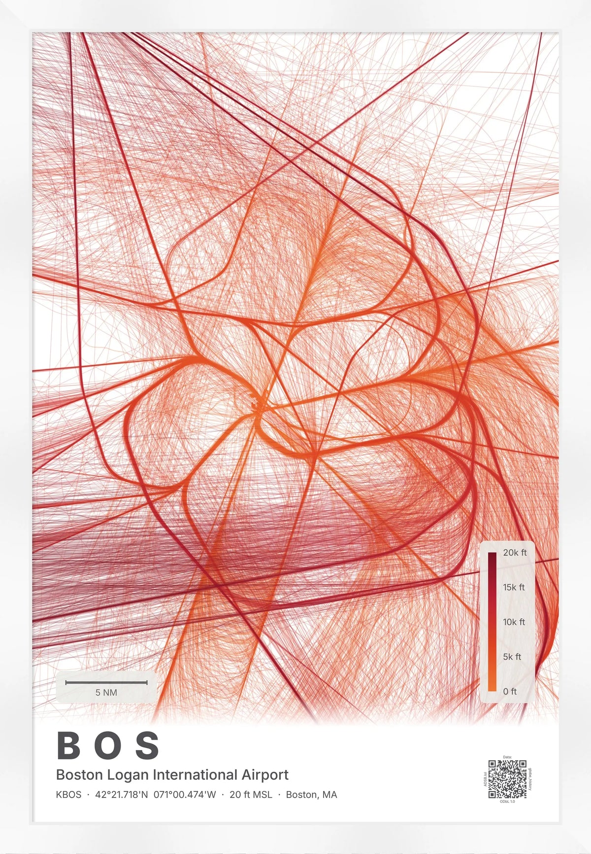 BOS flight path print — Inferno theme · Light [material:framed_white]