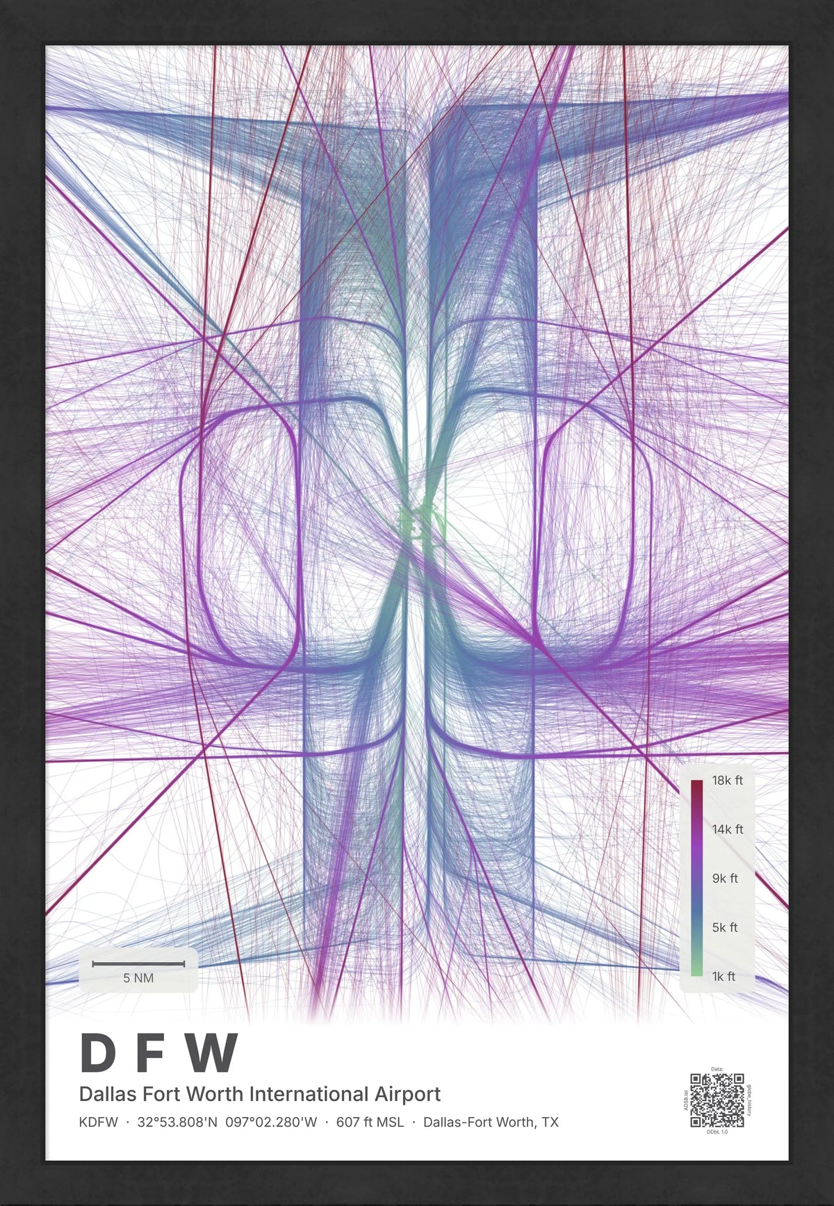 DFW flight path map — Prism theme · Light [material:framed_black]