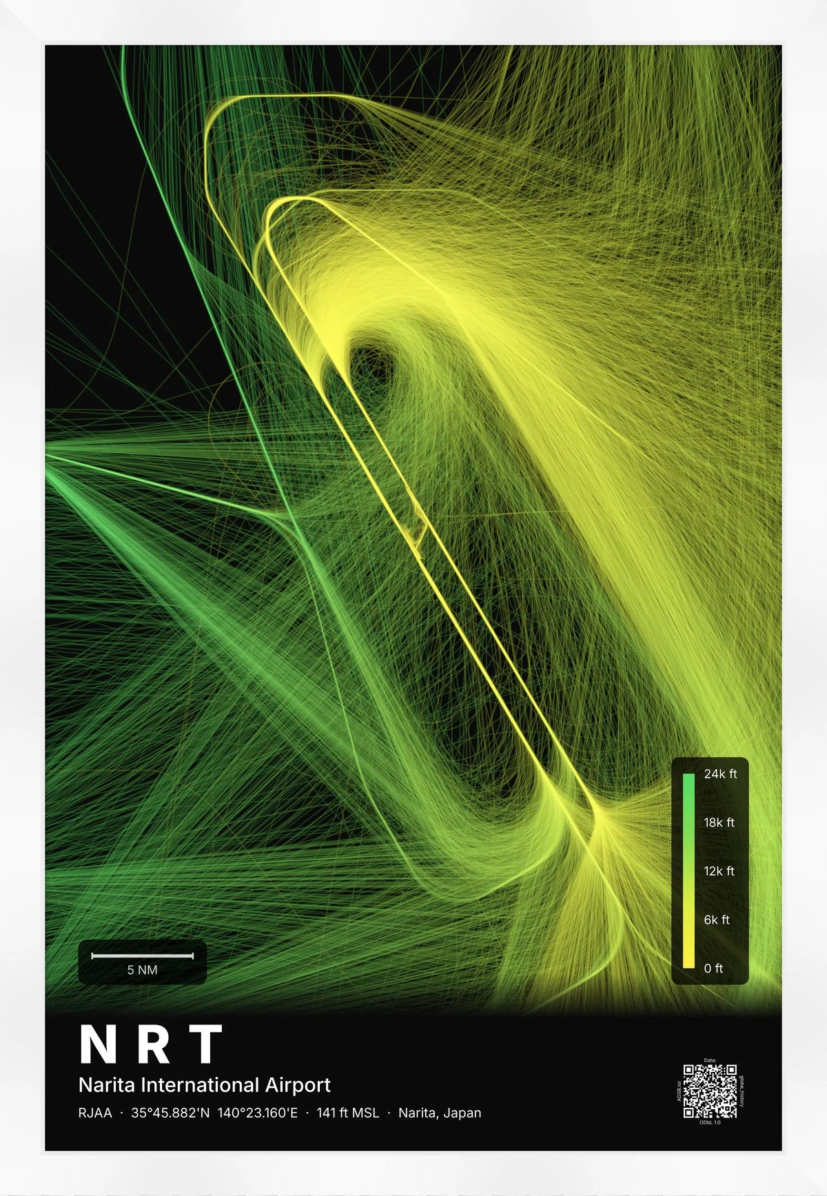 NRT flight path map — Citrus theme · Dark [material:framed_white]