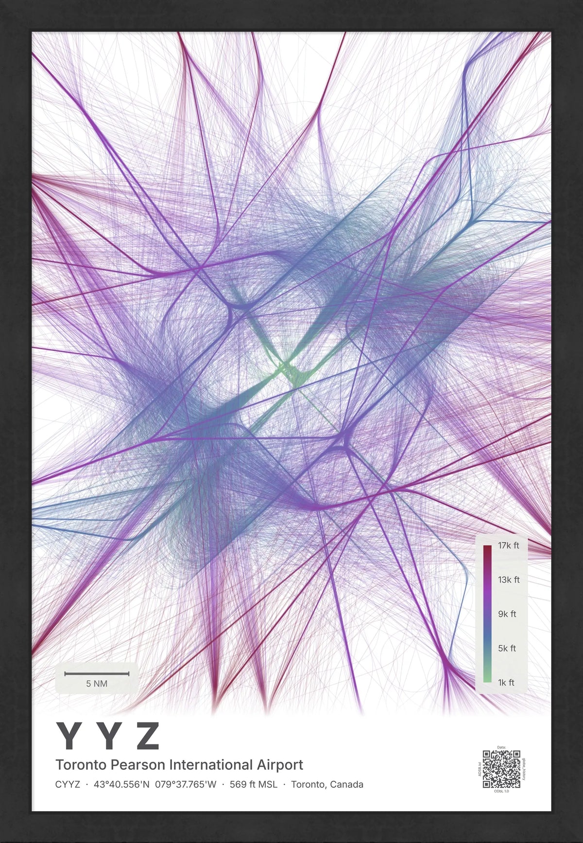 YYZ flight path map — Prism theme · Light [material:framed_black]