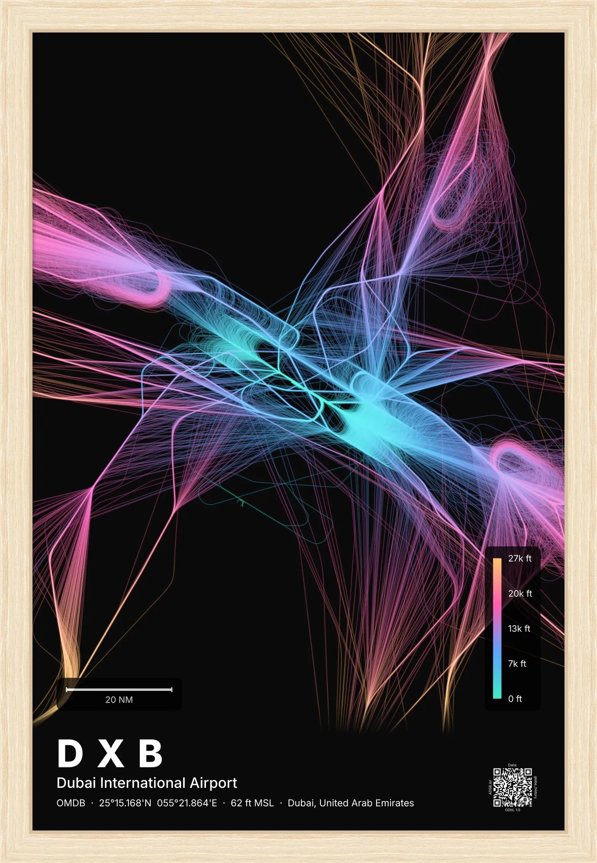 DXB flight path print — Aurora theme · Dark [material:framed_natural]