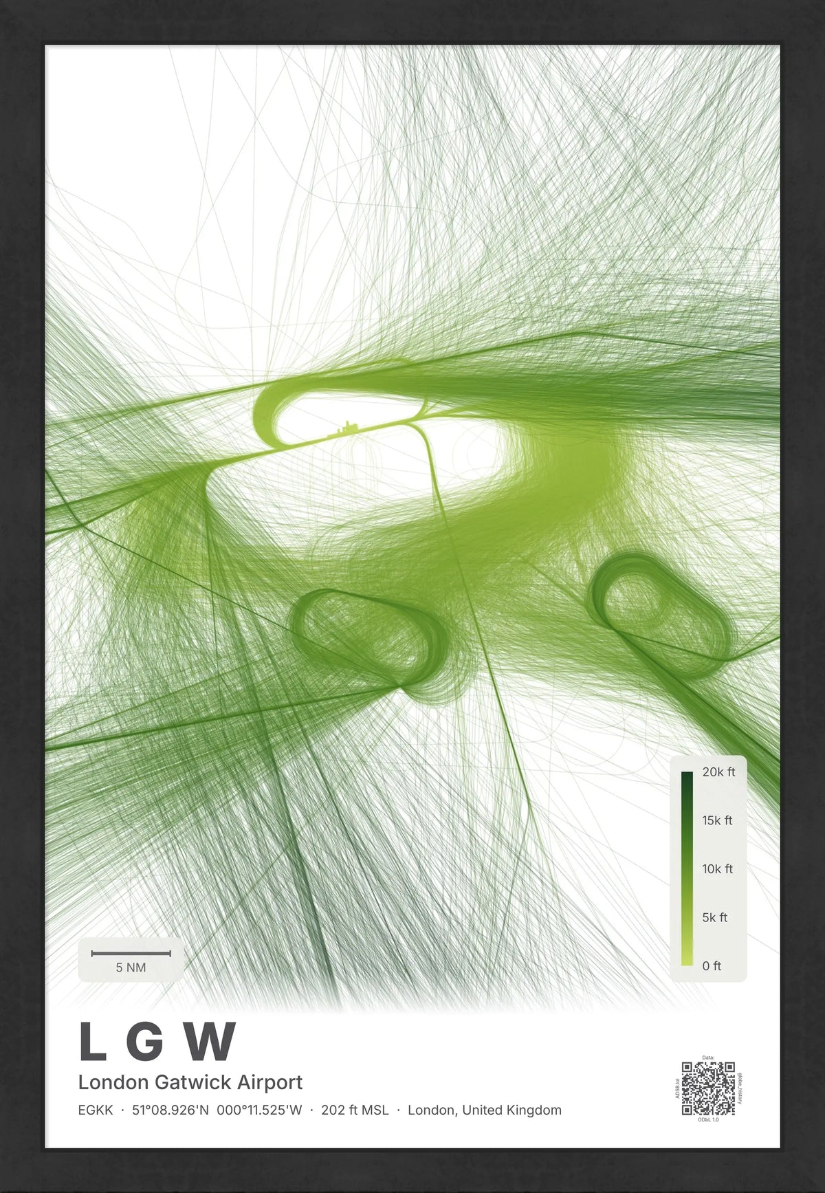 LGW flight path map — Citrus theme · Light [material:framed_black]