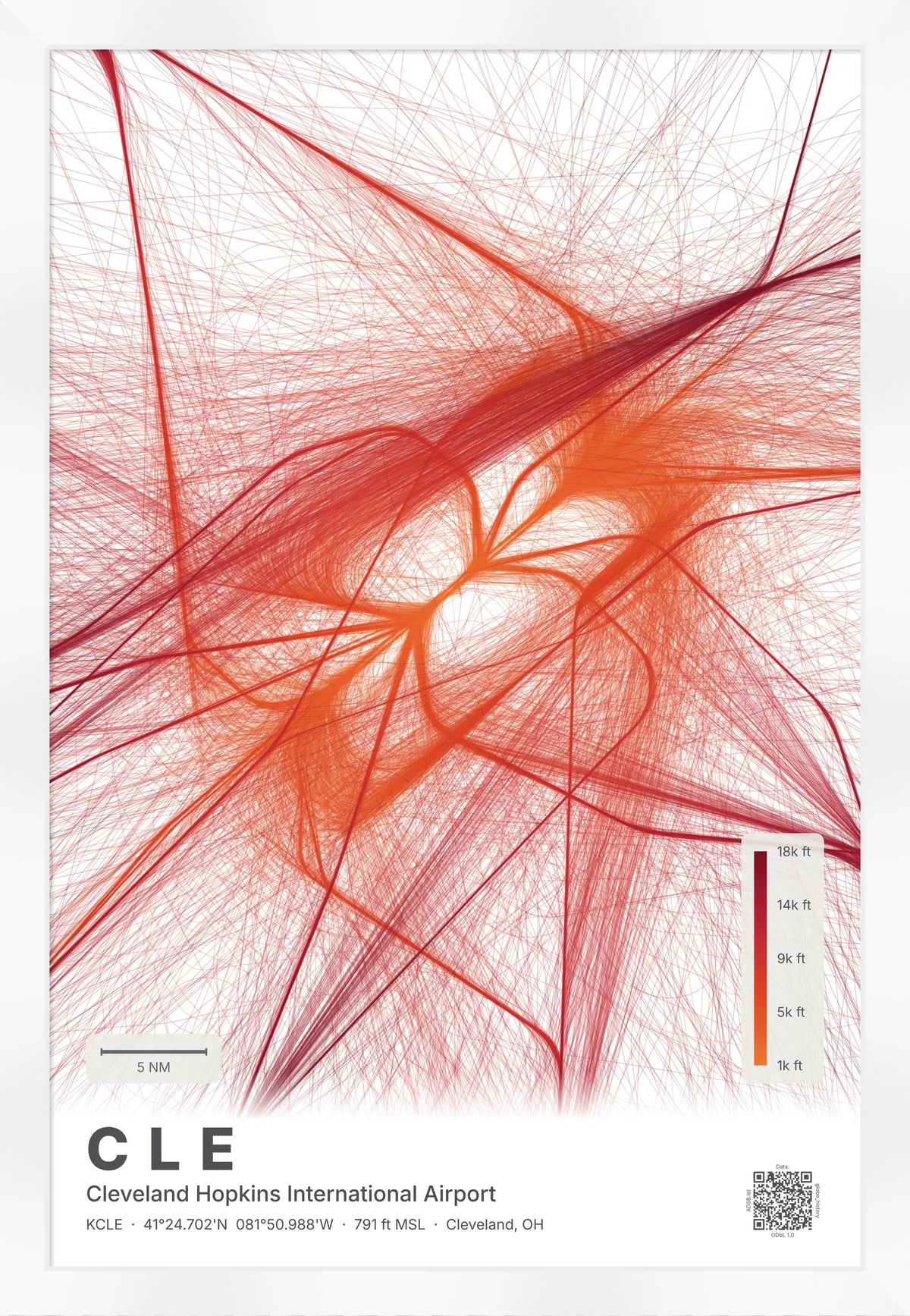 CLE flight path print — Inferno theme · Light [material:framed_white]